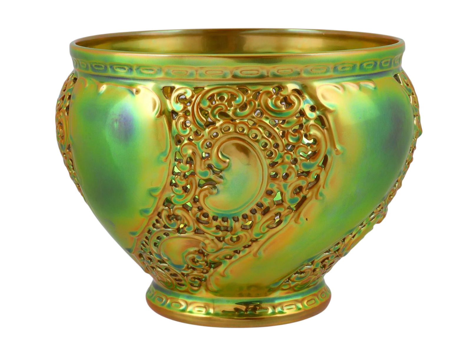 A ZSOLNAY EOSIN-GLAZED OPENWORK BOWL, PÉCS, HUNGARY, 20 C. (1 of 4)