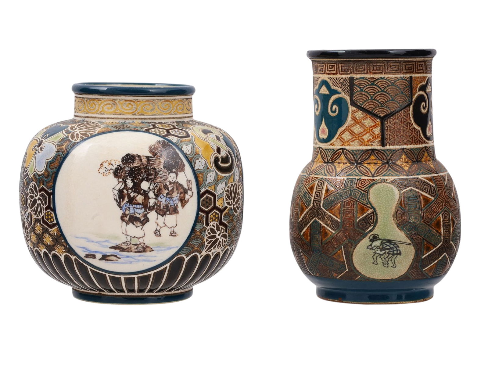 A LOT OF TWO UNUSUAL JAPANESE SATSUMA VASES, MEIJI PERIOD (1 of 8)