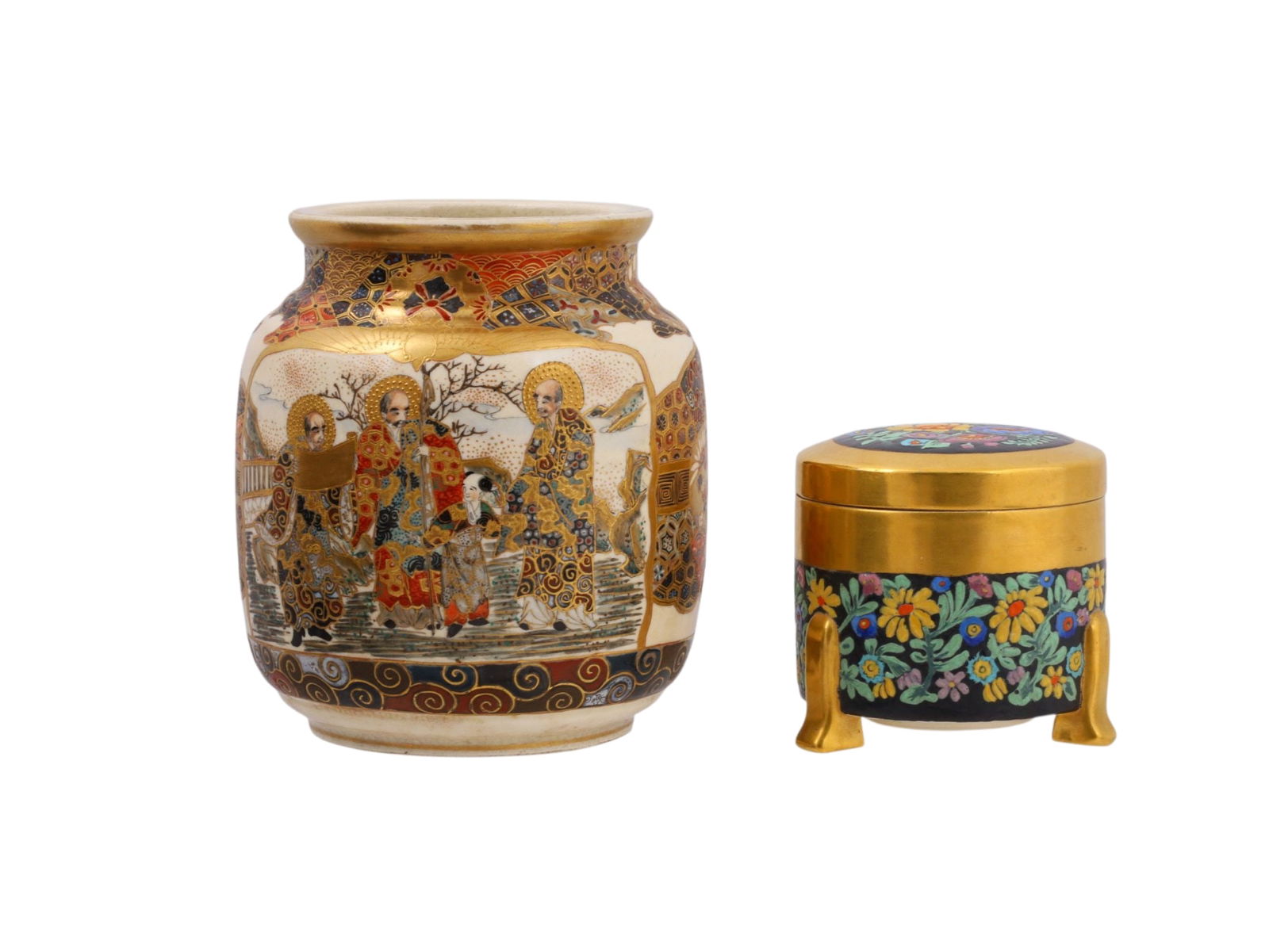 A LOT OF TWO JAPANESE SATSUMA POTTERY ITEMS, MEIJI PERIOD (1 of 5)