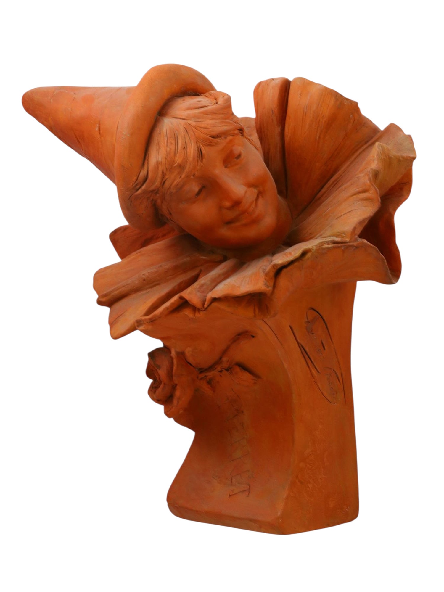 A GEORGES VAN DER STRAETEN TERRACOTTA CLOWN 'PIERRET': GEORGES VAN DER STRAETEN (1856–1928). Pierret. French Terracotta Bust, Late 19th CenturyA finely modeled terracotta bust by Georges Van der Straeten depicting Pierret, the whimsical clown figure fro