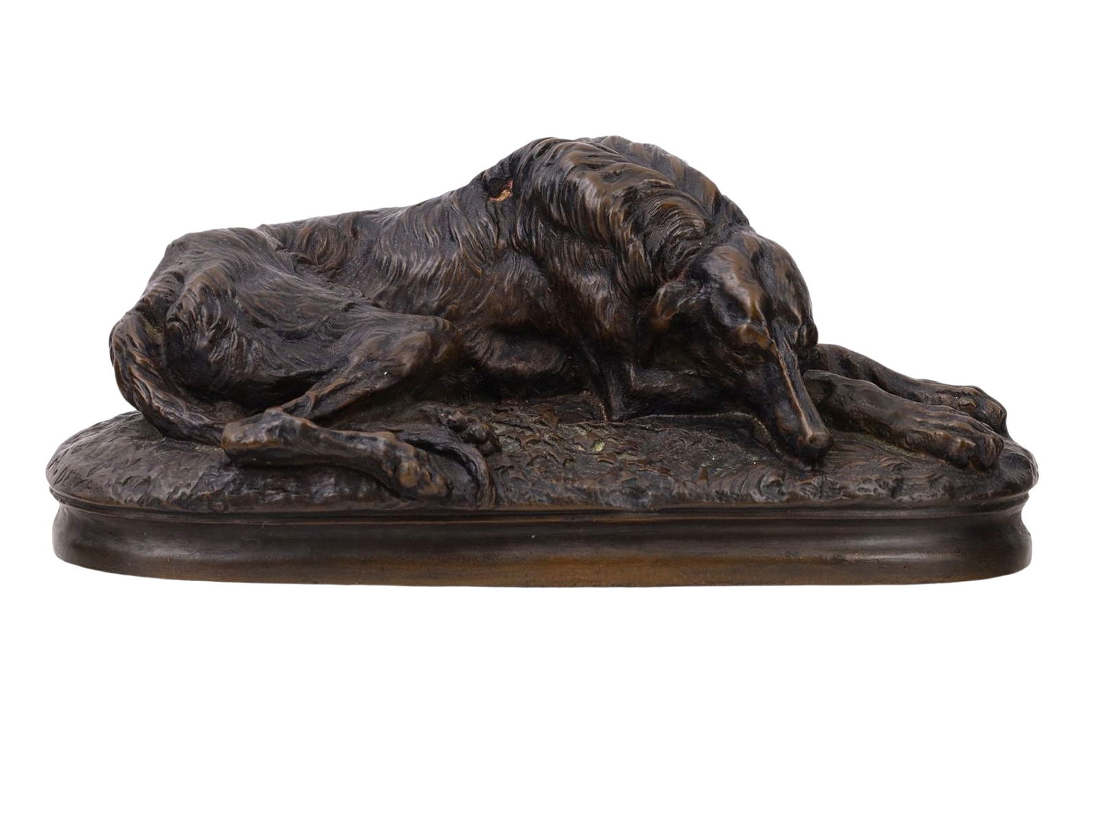 A SIGNED M. DEVA BRONZE OF A RESTING BORZOI: A bronze sculpture of a Borzoi, also known as a Russian Hunting Sighthound, laying on the ground. The piece is signed on the base by the artist, 'M. Deva'. Dimensions: L: 6 in., (15.2 cm.) Please make