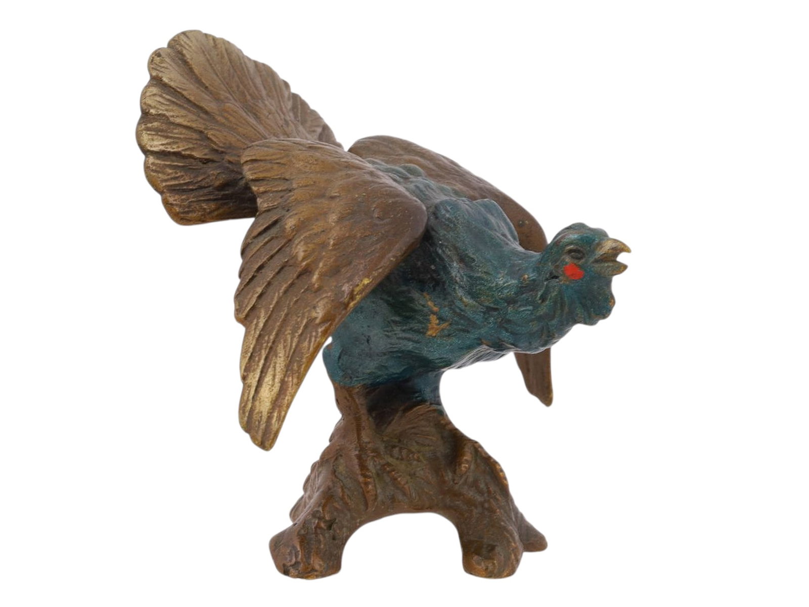A VIENNA COLD-PAINTED BRONZE FIGURE OF A WILD TURKEY, CA 1900: A cold-painted bronze figure of a wild turkey set atop a tree trunk base, modeled after Franz Xavier Bergman (Austrian, 1861-1936). Austria, Vienna, late 19th or early 20th century. Dimensions: H: 3 i