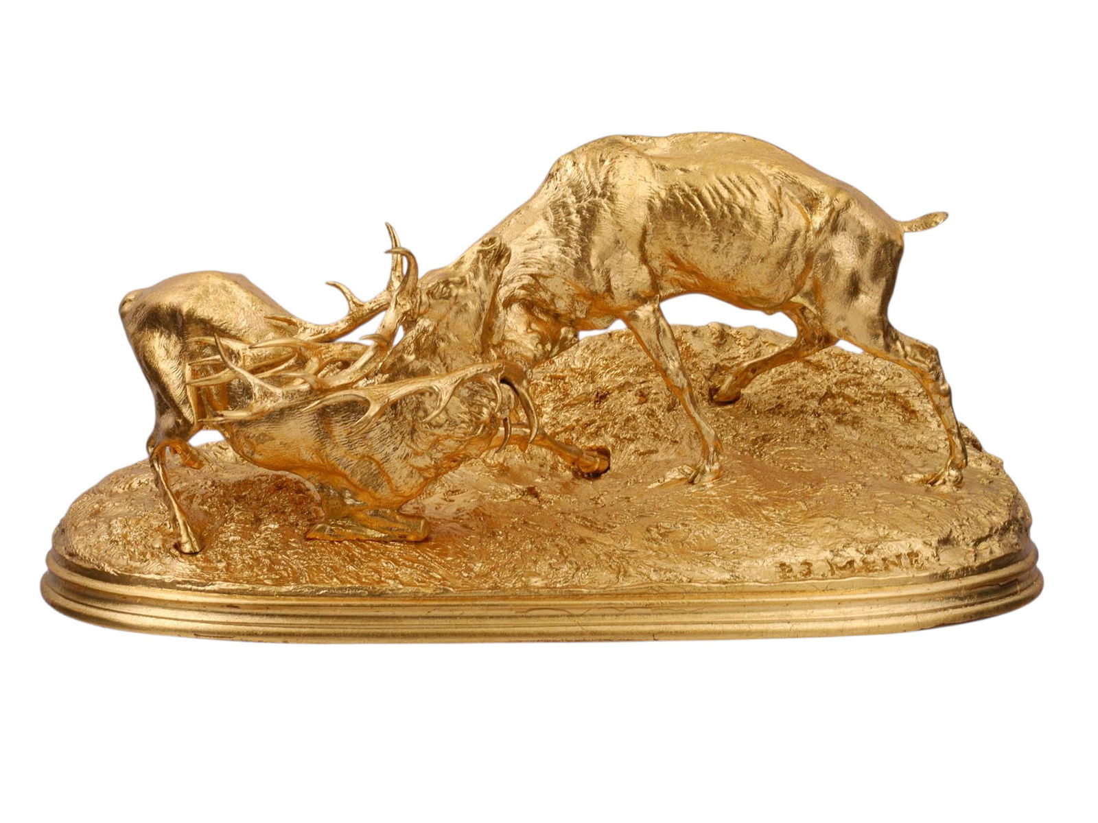 A P. J. MENE GILT BRONZE ANIMALIER BRONZE, ELK FIGHTING, 19 C.: PIERRE-JULES MÊNE (FRENCH, 1810–1879), A GILT-BRONZE GROUP OF TWO ELK FIGHTING, MID–LATE 19TH CENTURY. Finely cast and chased, depicting two stags in combat, their antlers locked in struggle, rai