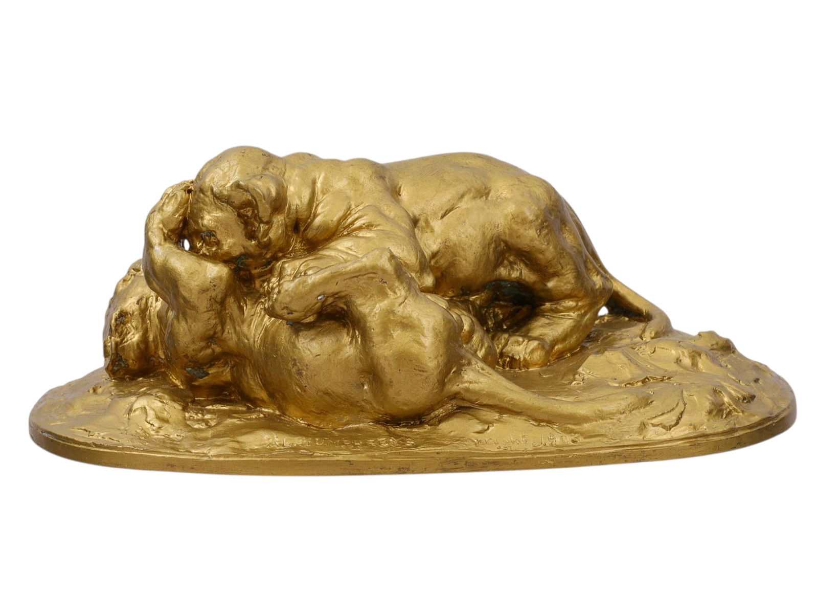 AN ALBERT HUMPHREYS GILT-BRONZE SCULPTURE, LION CUBS FIGHTING, 1903: A gilt bronze sculpture by American animalier artist Albert Humphreys (1864–1922) depicting two lion cubs play fighting with each other. The piece is signed on the base by the artist and dated 1903.