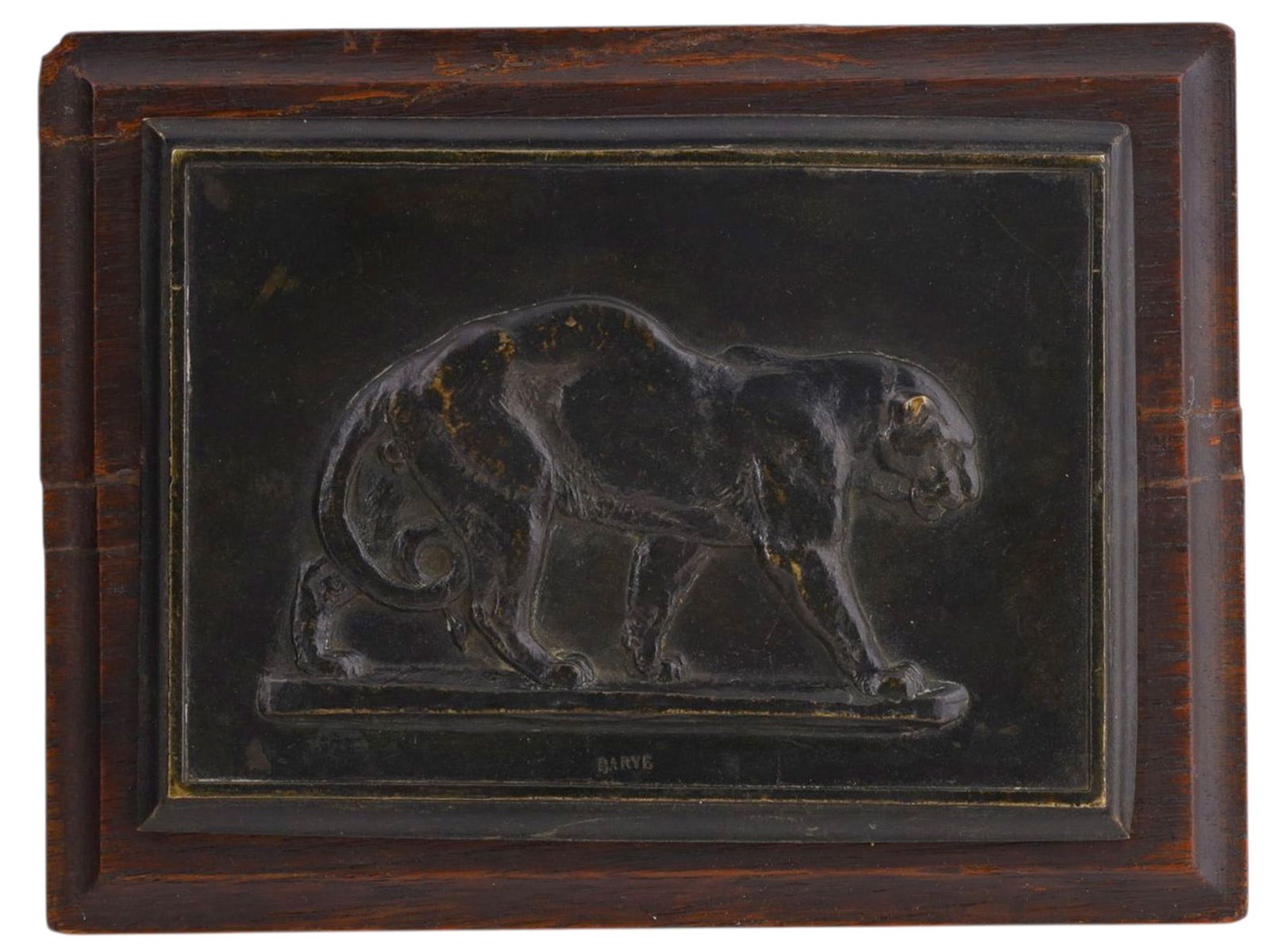ANTOINE-LOUIS BARYE (FRENCH, 1796–1875), A BRONZE RELIEF PLAQUE OF A WALKING PANTHER: A finely cast bronze relief depicting a panther striding to the left, its body modeled with taut musculature and expressive naturalism characteristic of Antoine-Louis Barye, the preeminent French scul