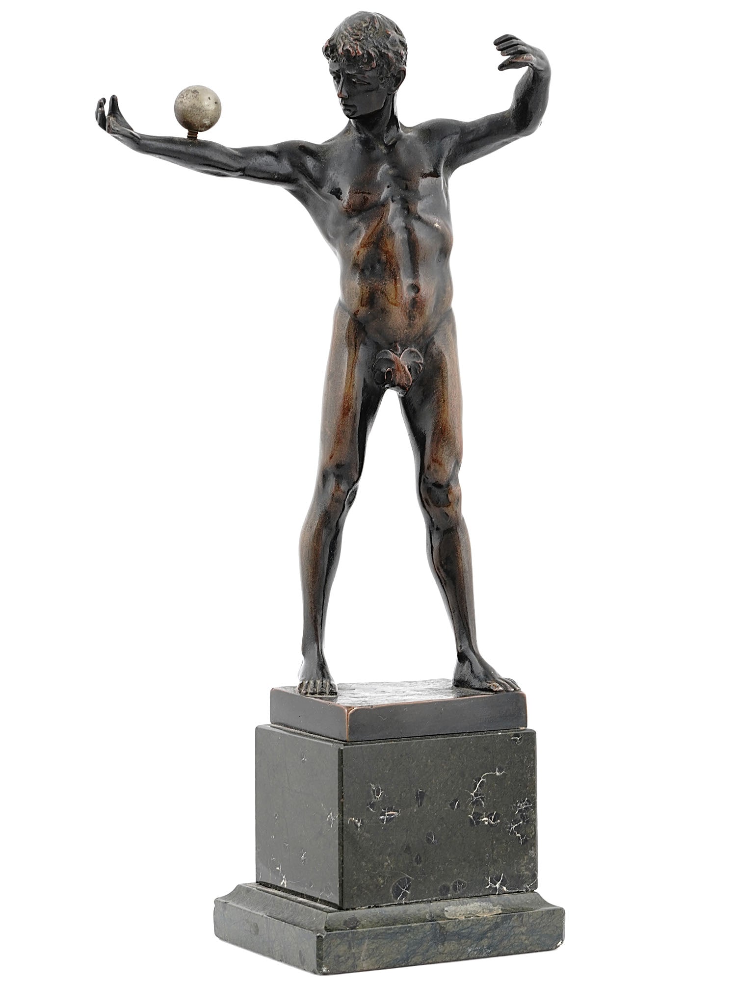 A VICTOR BUGLER, GERMAN BRONZE FIGURE, EARLY 20TH C.: Victor Bugler, Germany (early 20th century), a bronze figure of a nude male balancing a ball on his forearm, mounted on a stepped bronze and marble plinth. Signed on the back with a foundry mark 'O. O