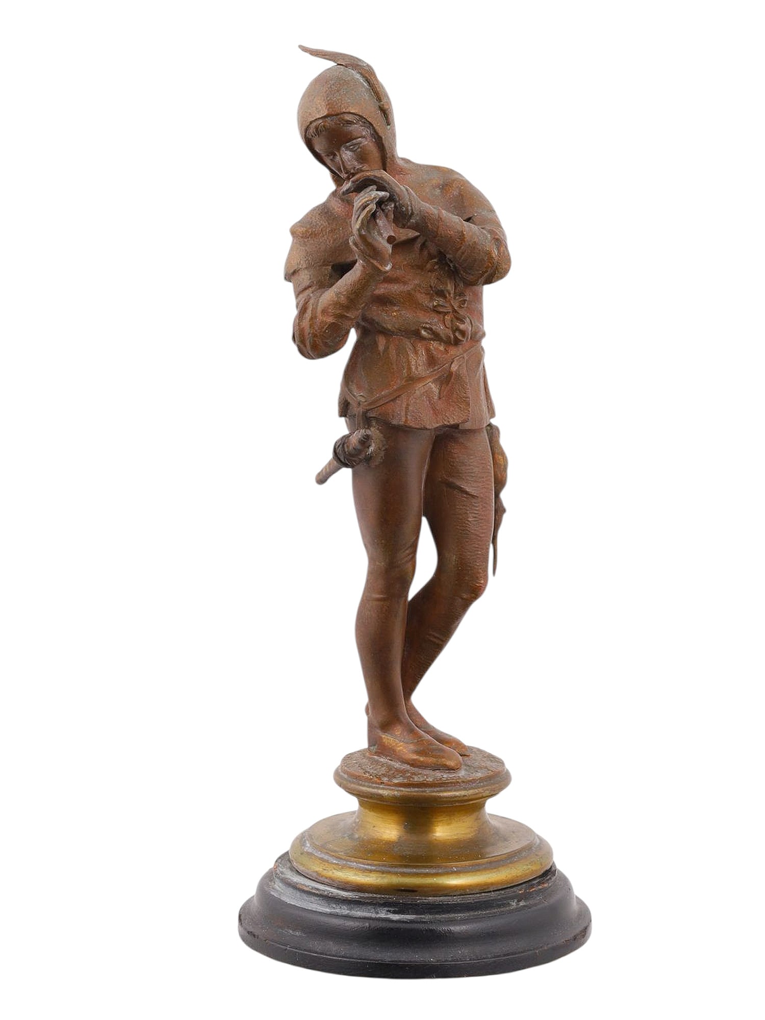 A EUGENE BARILLOT (FRENCH, 1841-1900) BRONZE "PIED PIPER OF HAMELIN," C. 1890: Eugene Barillot (French, 1841 - 1900), a brown-patinated bronze figure "Pied Piper of Hamelin," circa 1890. Raised on a round wooden plinth. Dimensions: H: 8 3/4 in., (22 cm.) Please make all inquirie