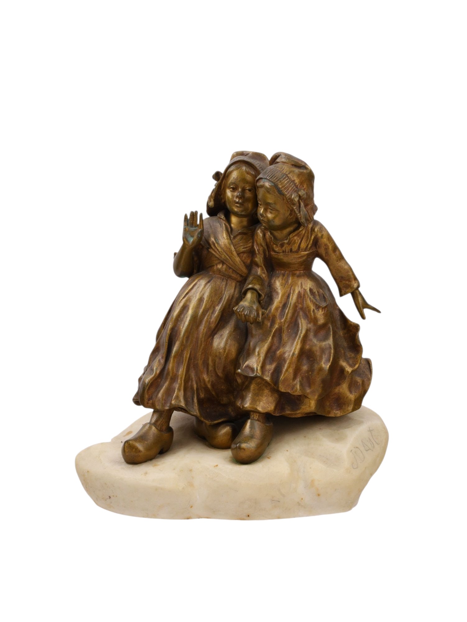 A JOSEPH D'ASTE (1881-1945) BRONZE FIGURE OF TWO DUTCH GIRLS, 20TH CEN.: A bronze sculpture of two young Dutch or Belgian girls talking and holding hands as they walk down a hill, both wearing typical clothing of the low countries and the iconic clogs / klomps associated w