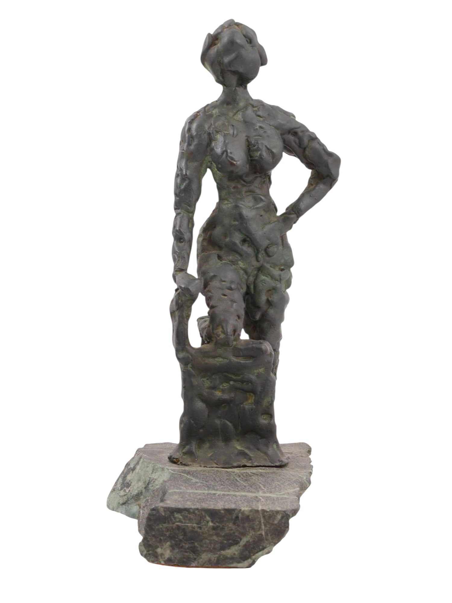 A J. BORIE SIGNED BRONZE OF AN ABSTRACT NUDE WOMAN, 20TH CEN.: An abstract bronze of a nude woman with one of her legs knelt against a stool, signed to near the bottom by the artist, J. Borie. The piece is kept atop an irregular stone base. Dimensions: H: 9 3/4 i
