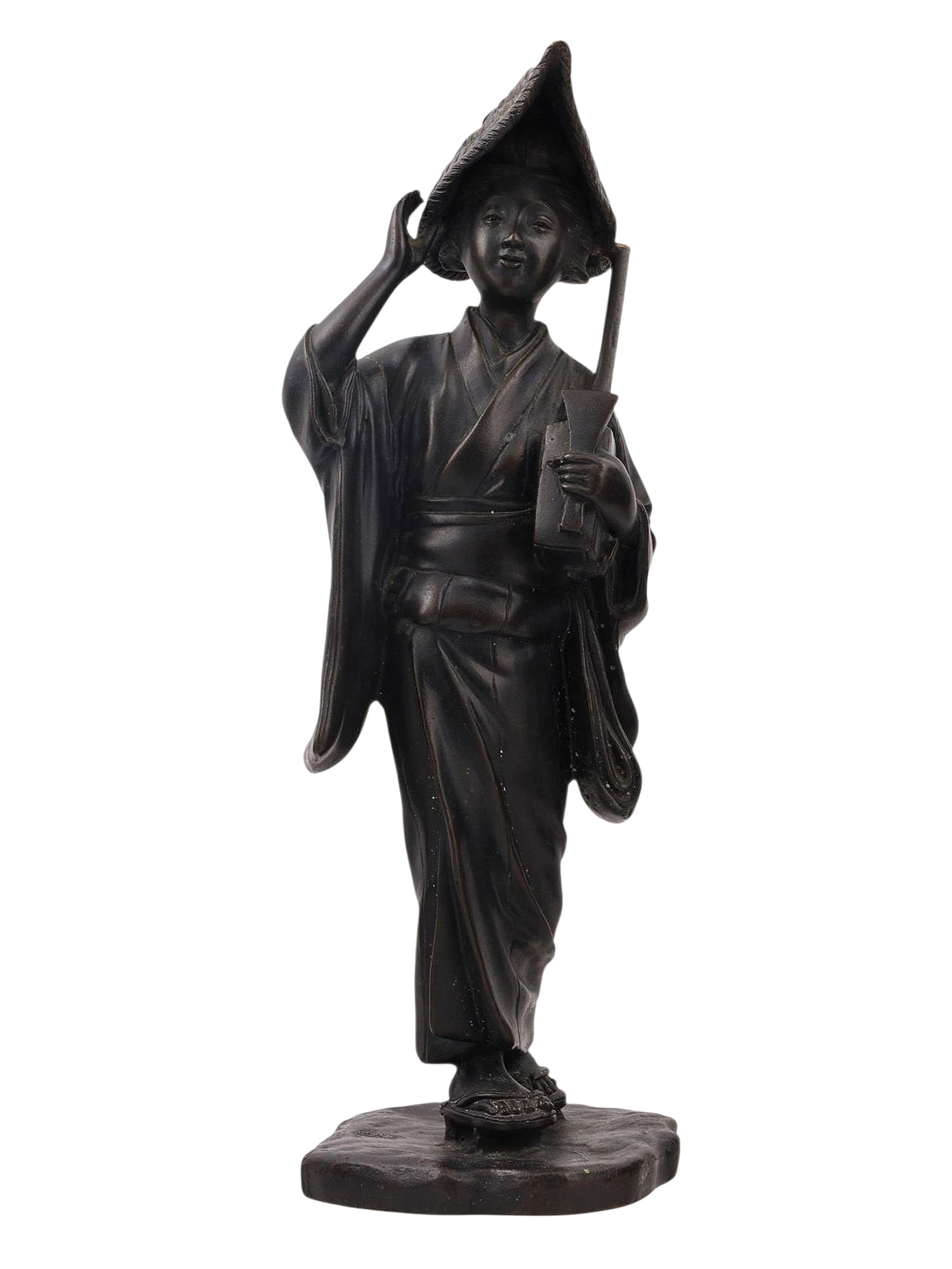 A SIGNED JAPANESE BRONZE FIGURE OF A MUSICIAN, MEIJI PERIOD (1868–1912): The finely cast bronze figure depicts a young Japanese woman walking, her posture lively and dynamic, dressed in a traditional kimono with tied obi, raised sandals, and a wide straw hat shielding her