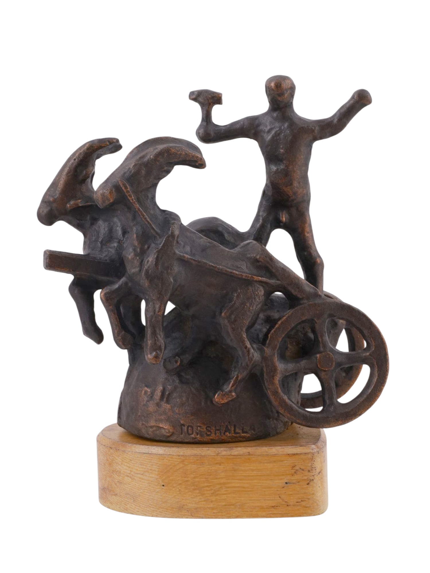 AN ALLAN EBELING (1897-1975) SIGNED BRONZE OF THOR ON HIS CHARIOT, 1967: A bronze sculpture by Swedish artist Allan Ebeling (1897-1975) depicting the Norse God Thor in his chariot, his hammer held aloft, as he is pulled along by his goats Tanngrisnir and Tanngnjóstr. The