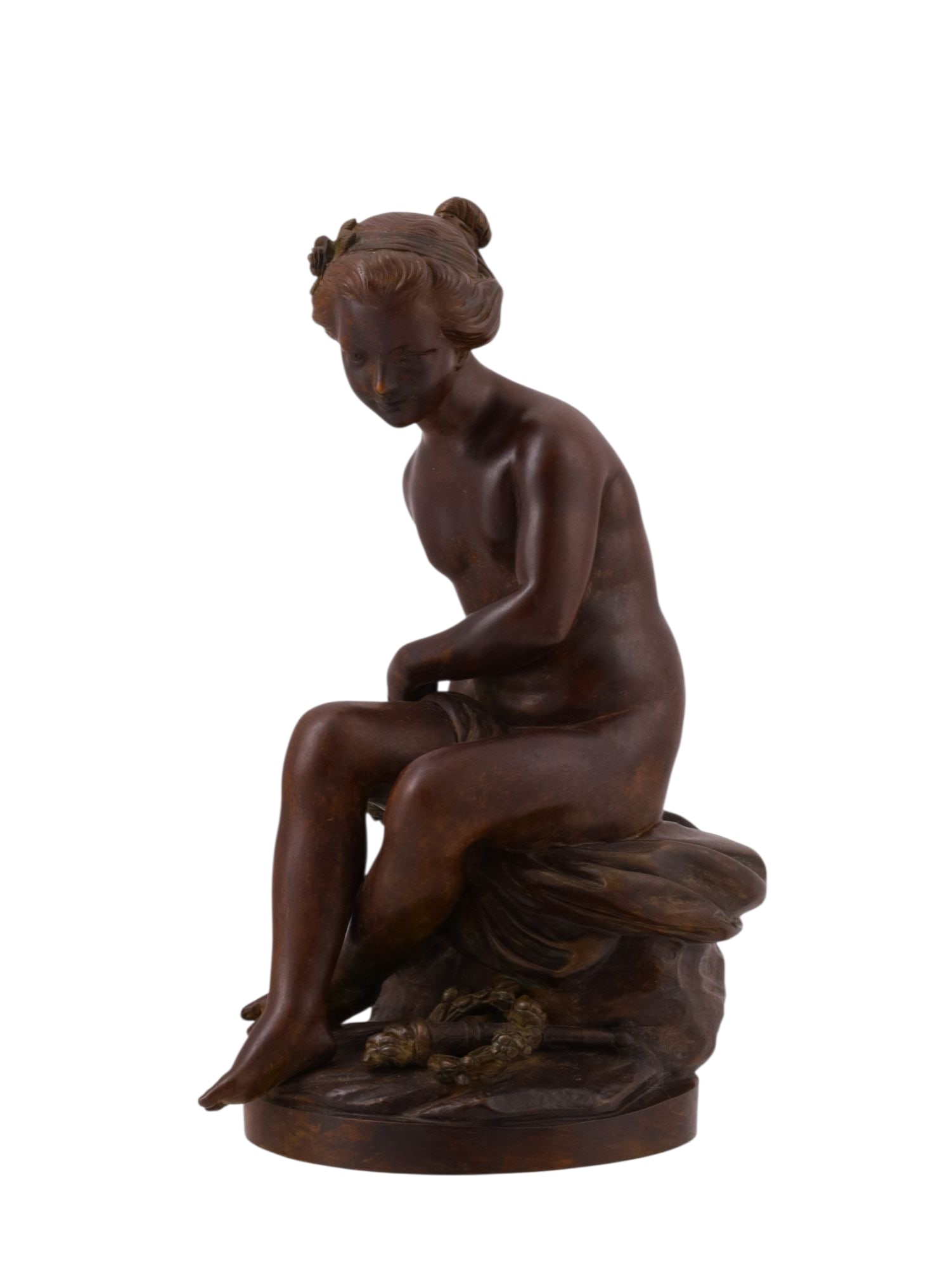 A FRENCH BRONZE NUDE GIRL WITH BOW AFTER A MODEL BY FALCONET, 19TH CEN. (1 of 4)