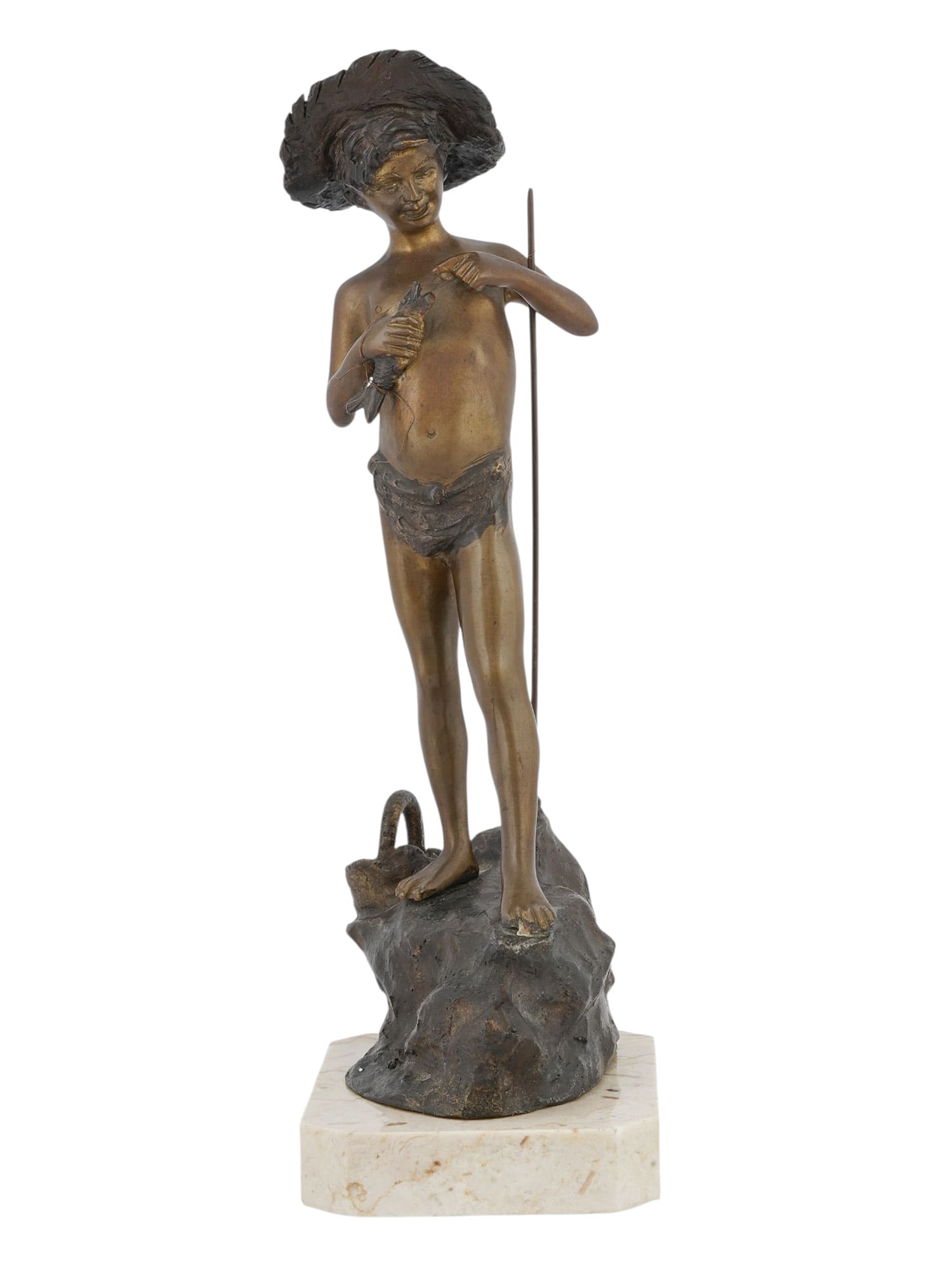 A PATINATED BRONZE FIGURE OF A YOUNG NEAPOLITAN FISHERMAN, SIGNED "VAPLESE", CA. 1930: A nude boy with a large floppy hat, holding a fish on a line, standing barefoot on a rocky outcrop with a basket behind him. The style, subject, and craftsmanship suggest this is a late 19th to early