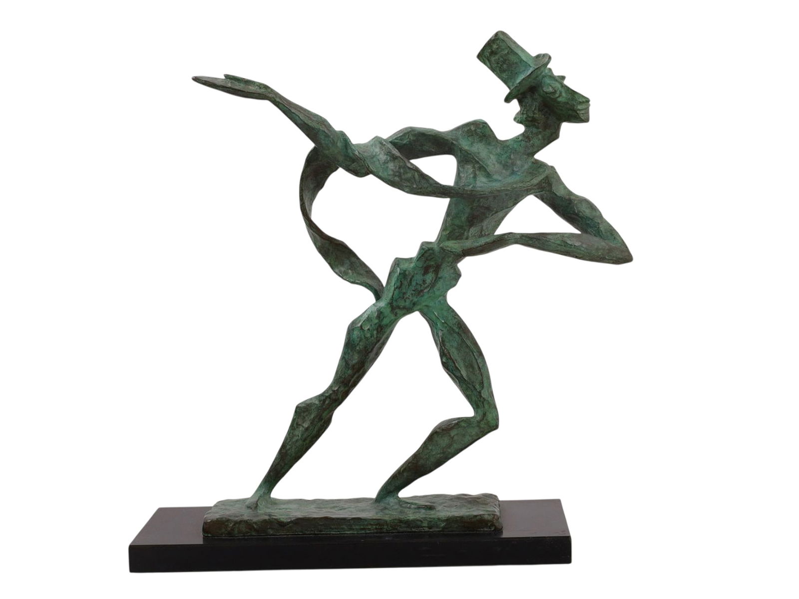 AN ESTELLE GOODMAN (1930-2007) SIGNED GREEN PATINATED BRONZE, 1962: An expressionist style green patinated bronze by Jewish-American artist Estelle Goodman (1930-2007), depicting a man in a top hat and a flowing scarf gesturing behind himself, perhaps a magician or sh