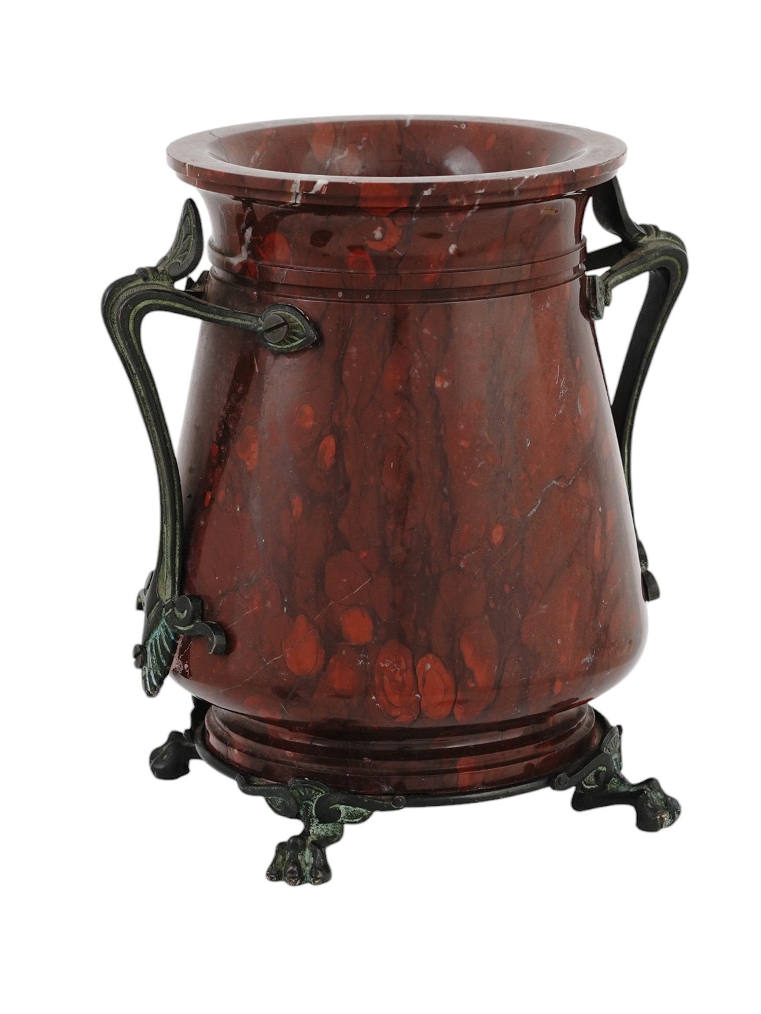 A FRENCH ART NOUVEAU BRONZE-MOUNT MARBLE VASE, 19TH CENTURY: A vase with a cone-shaped body with double fillets. Mounted with palmettes and lion paw motifs. France, 19th-century work. Dimensions: H: 6 1/8 in., (15.5 cm.) Please make all inquiries before bidding