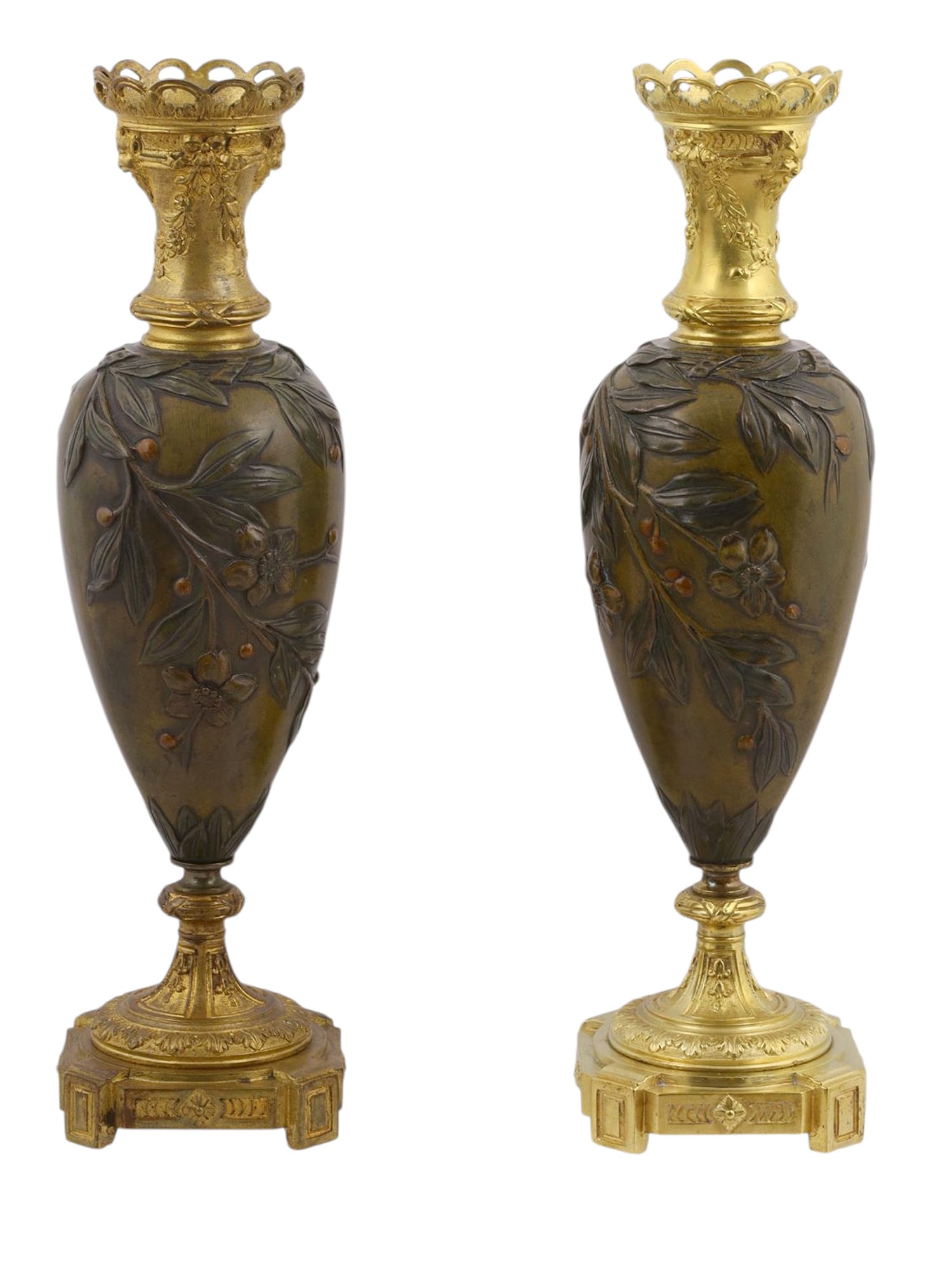 A PAIR OF FRENCH GILT AND PATINATED BRONZE VASES, 19TH C. (1 of 6)