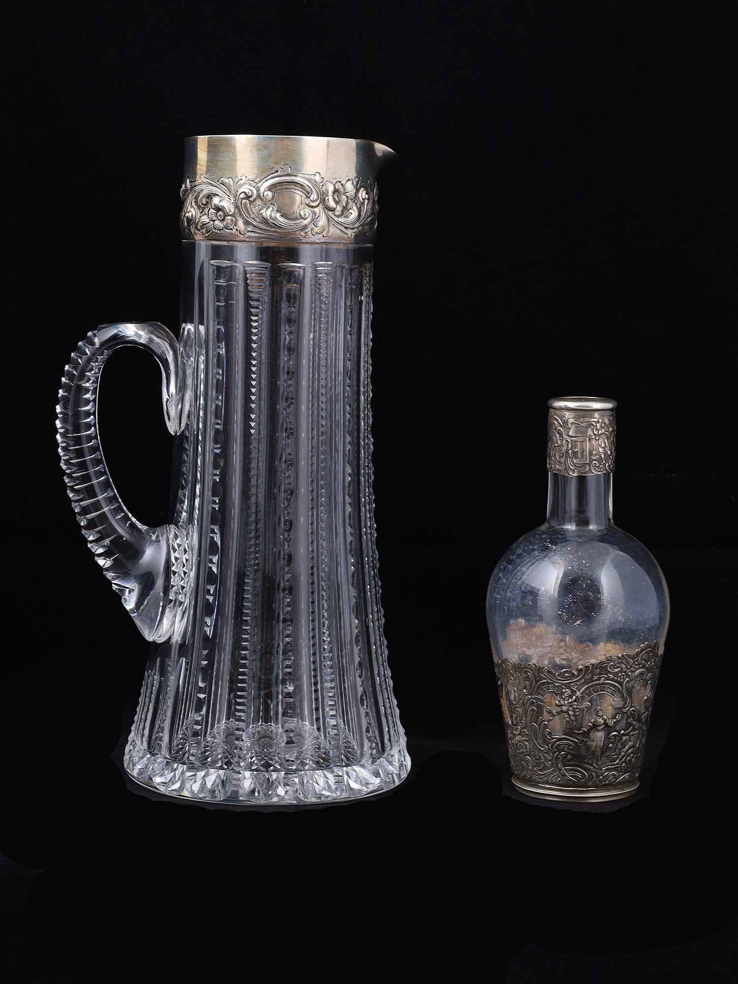 TWO SILVER-MOUNTED GLASS LIQUID CONTAINERS, LATE 19TH OR EARLY 20TH CEN. (1 of 6)