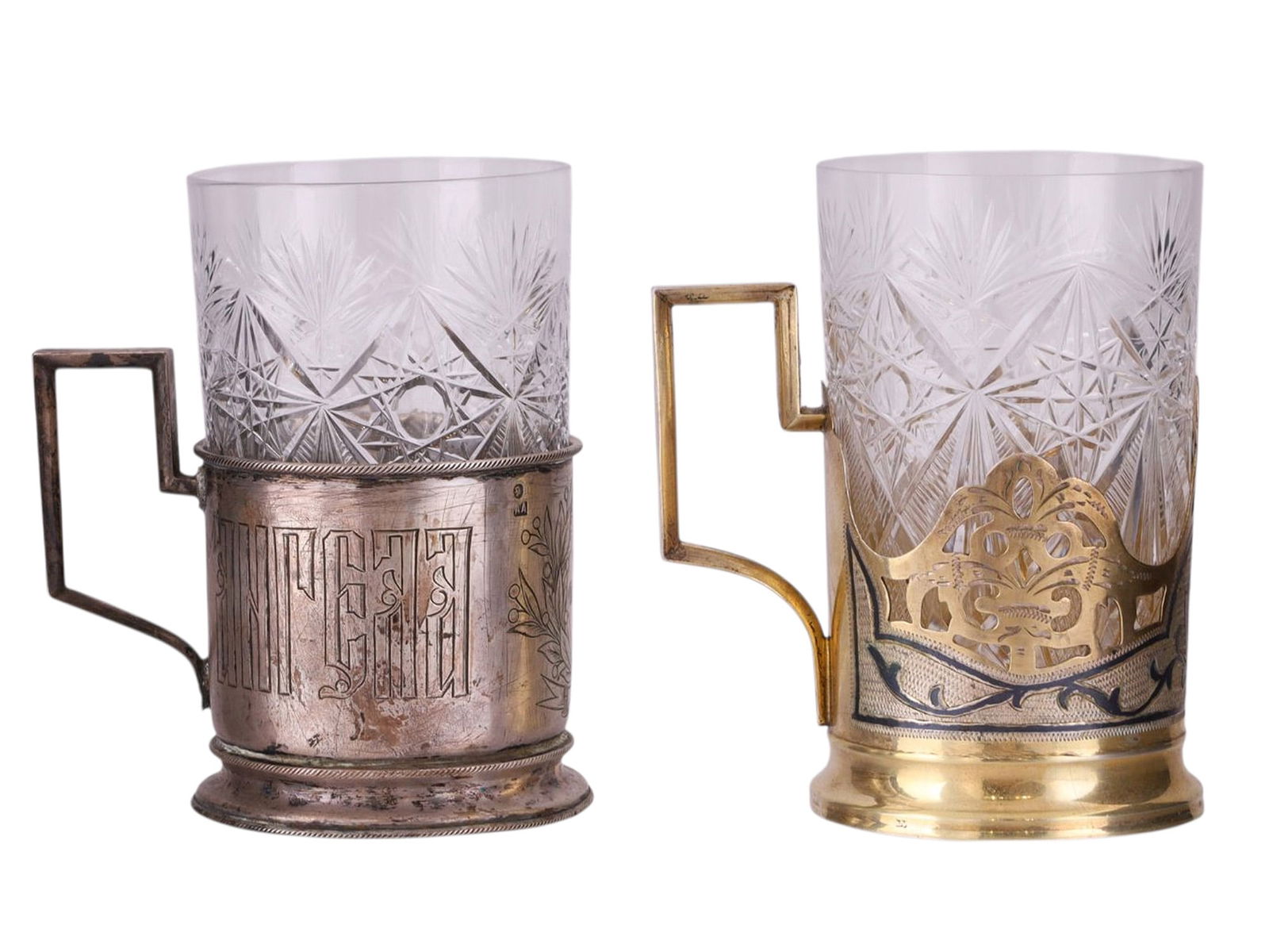 A PAIR OF RUSSIAN SILVER GLASS HOLDERS, ONE RUSSIAN AND ONE SOVIET (1 of 8)
