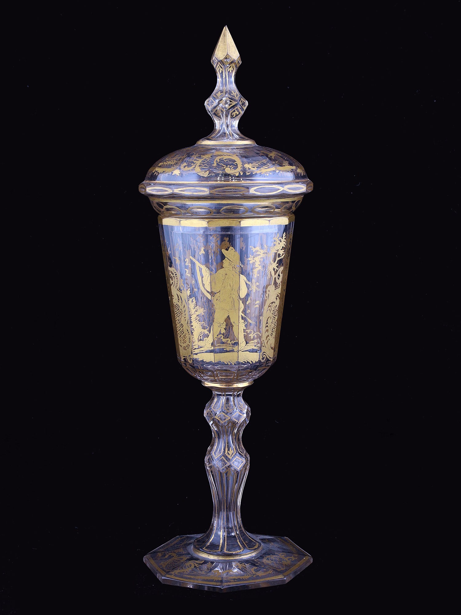 A GILT FACETED GLASS GOBLET, HUNTER BY WINDMILL (1 of 4)