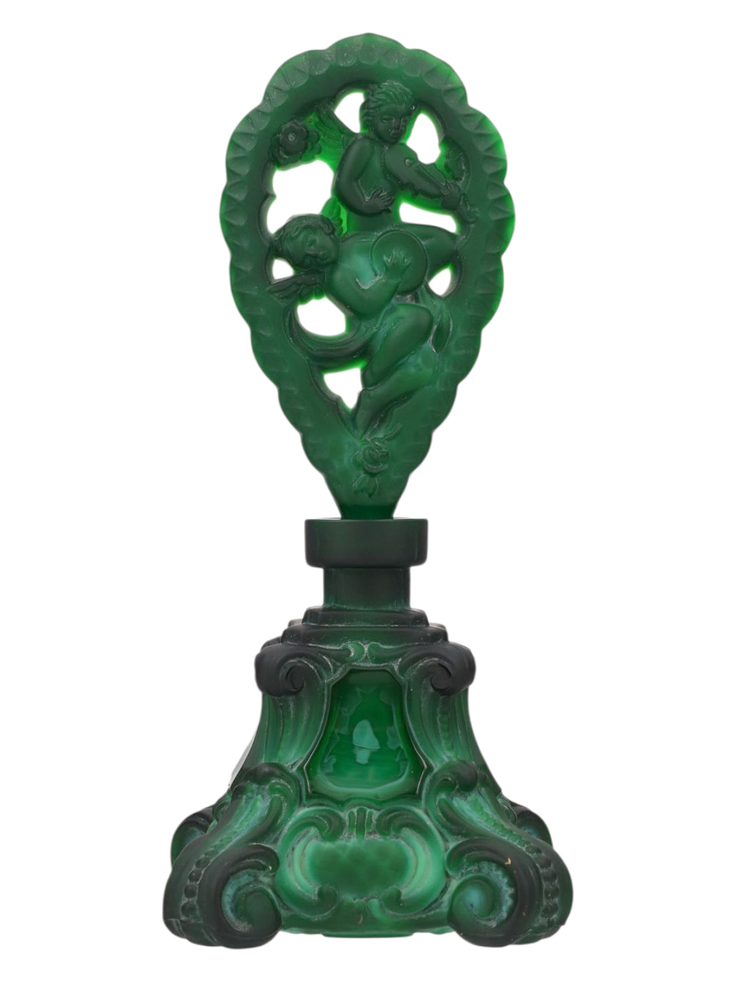 A HENRY G. SCHLEVOGT (CZECH, 1904-1984) GREEN MALACHITE GLASS PERFUME BOTTLE, C. 1930 (1 of 5)