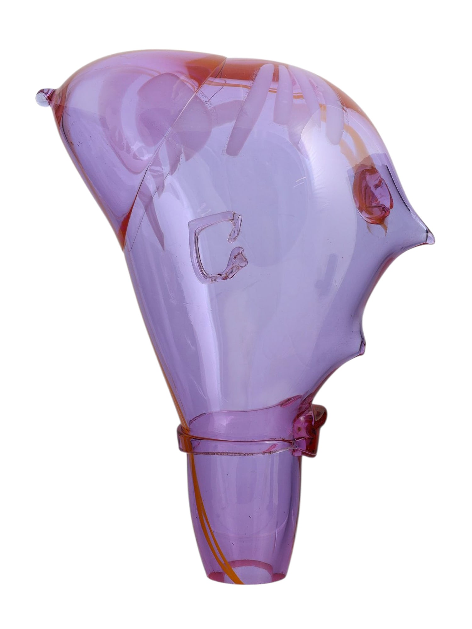 AN ITALIAN MURANO GLASS ABSTRACT HEAD, SECOND HALF OF THE 20TH CENTURY: A highly unusual Italian Murano glass bust of an abstract and curvaceous form, comprised primarily of lavender colored glass interspersed with accents of reddish-orange throughout. Italy, second half