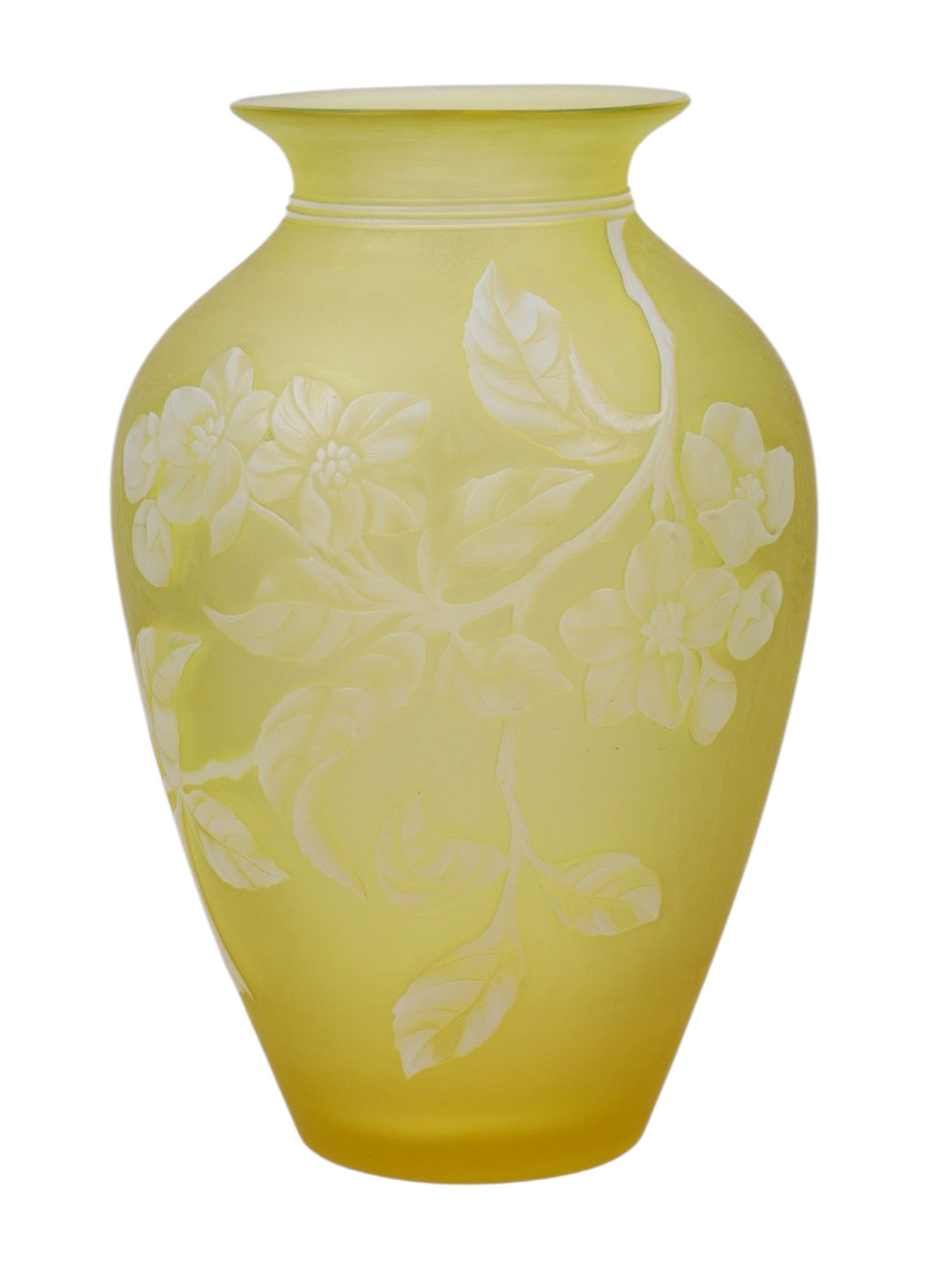 A WEBB CAMEO GLASS VASE, ENGLAND, LATE 19TH CENTURY: Of baluster form, in opaque yellow glass overlaid and wheel-carved in white with butterflies and flowering branches in relief. The decoration is finely executed, with matte-satin surface contrasting w