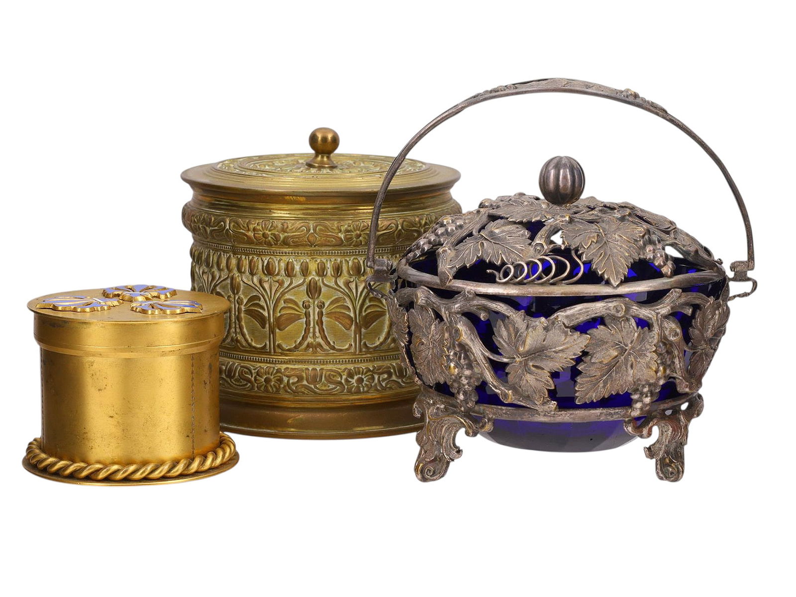 A TRIO OF LIDDED CONTAINERS, 19TH–20TH CENTURY: Comprising a gilt-metal circular box with three applied enamel fleurs-de-lis in cobalt blue and white on the cover, ropetwist foot rim, and plain cylindrical body. Marked underside with an indistinct