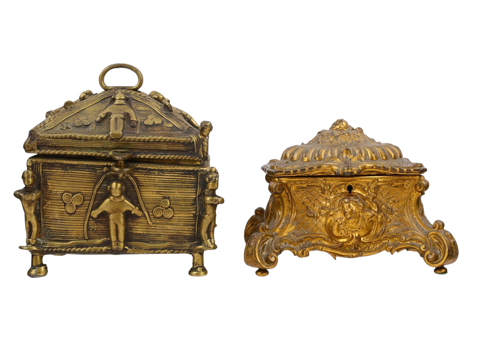 A PAIR OF LIDDED METAL CASKETS OF DIFFERING STYLE, 19TH/20TH CEN. (1 of 8)