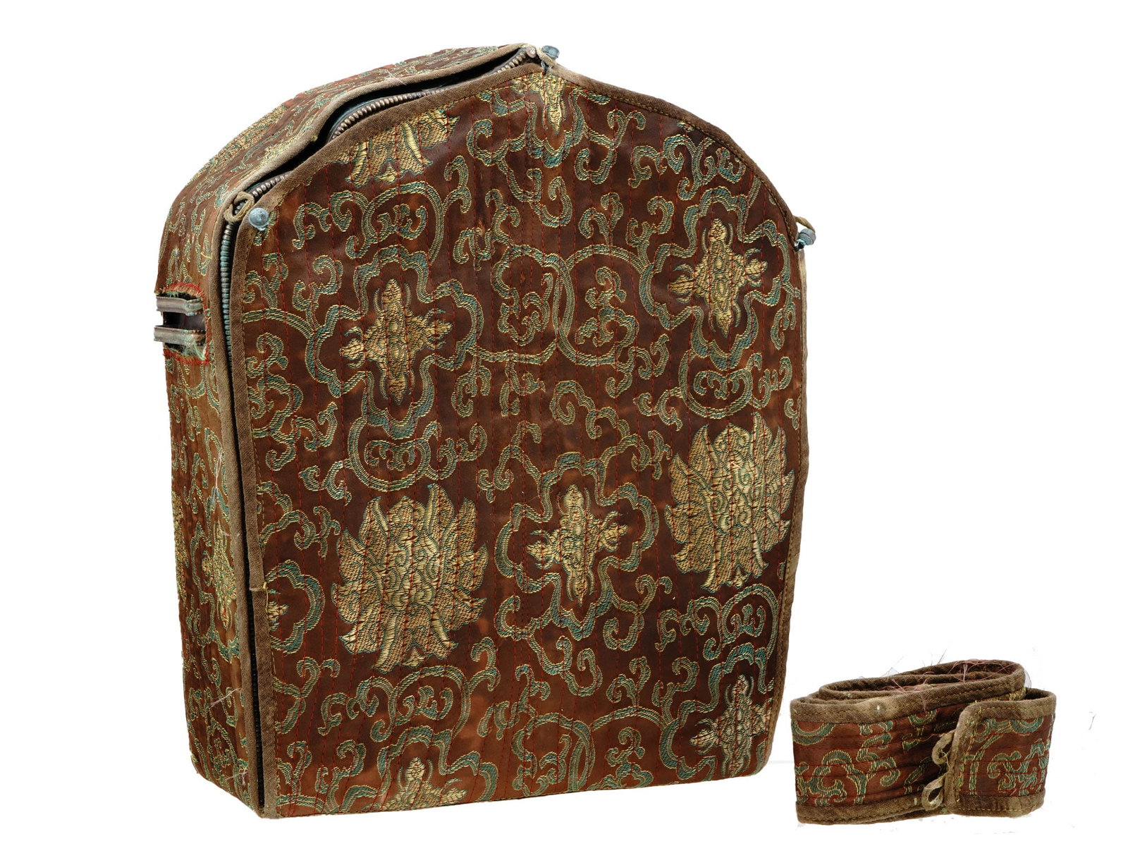 A LARGE TIBETAN GAU, 19TH CEN.: A large antique Tibetan Buddha shrine or prayer box (also known as Gau), that encases a painted terra cotta Buddha figure, all wrapped in a hand-embroidered quilted silk brocade. This was used as a tr