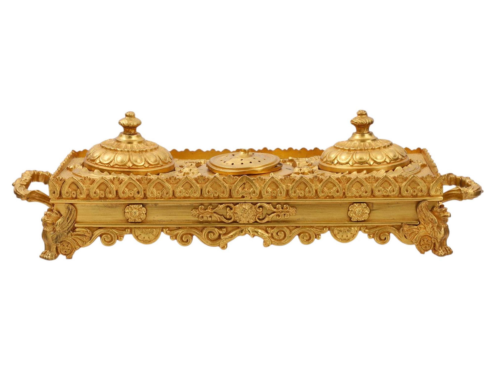 A GILT-BRONZE INKWELL SET, 19TH CENTURY (1 of 6)