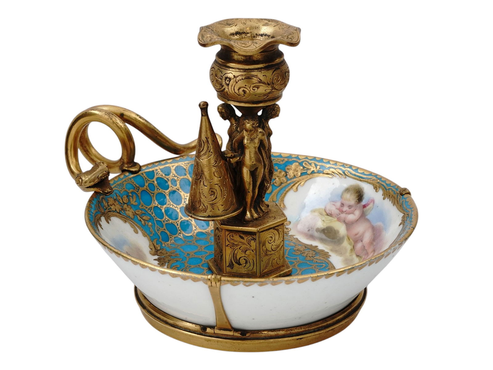 A VIENNA GILT PORCELAIN FIGURAL CHAMBERSTICK, 19TH CEN. (1 of 4)
