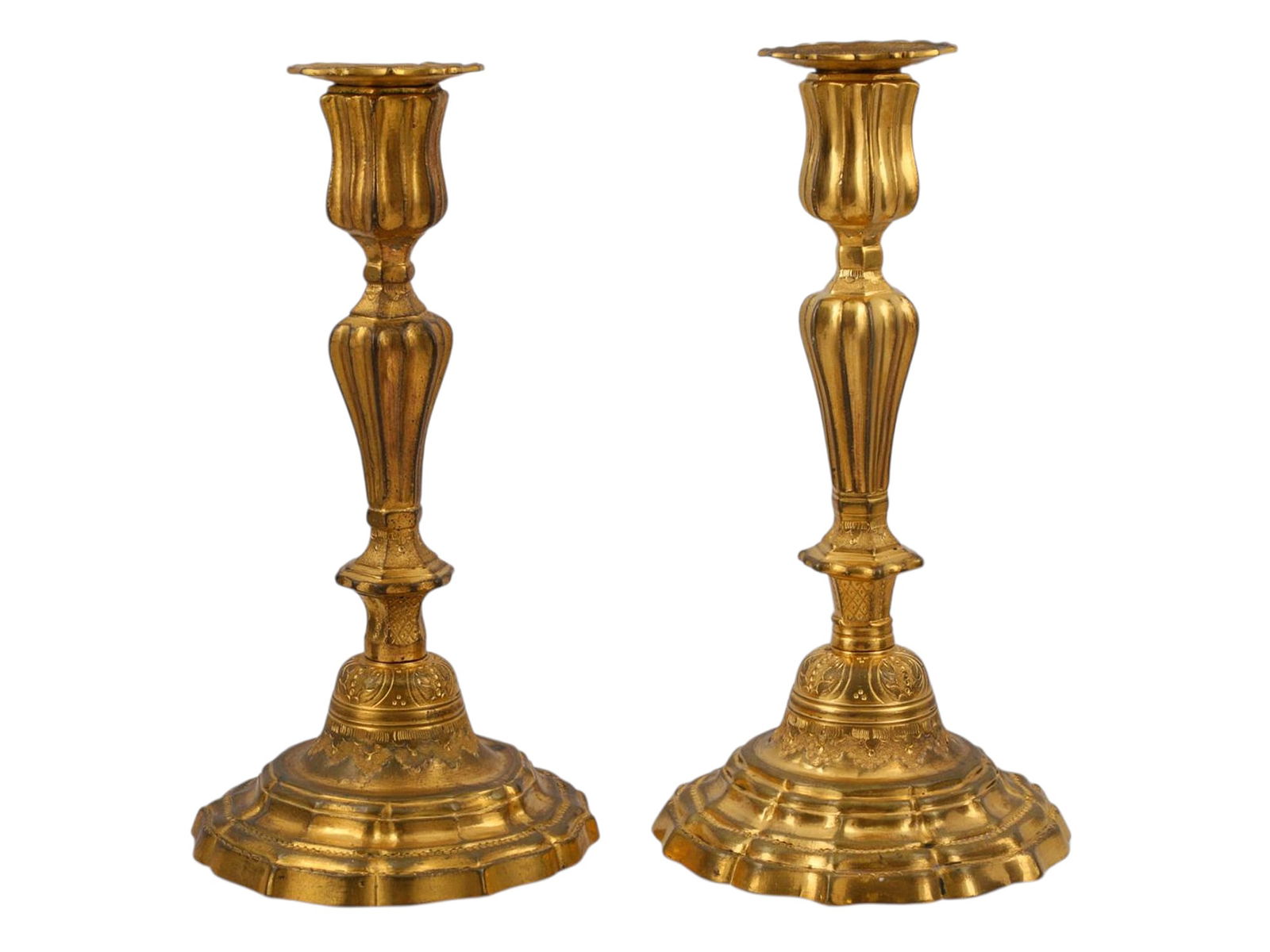 A PAIR OF GILT-BRONZE CANDLESTICKS, 18TH CENTURY, WITH D.D.G. MARKS (1 of 5)