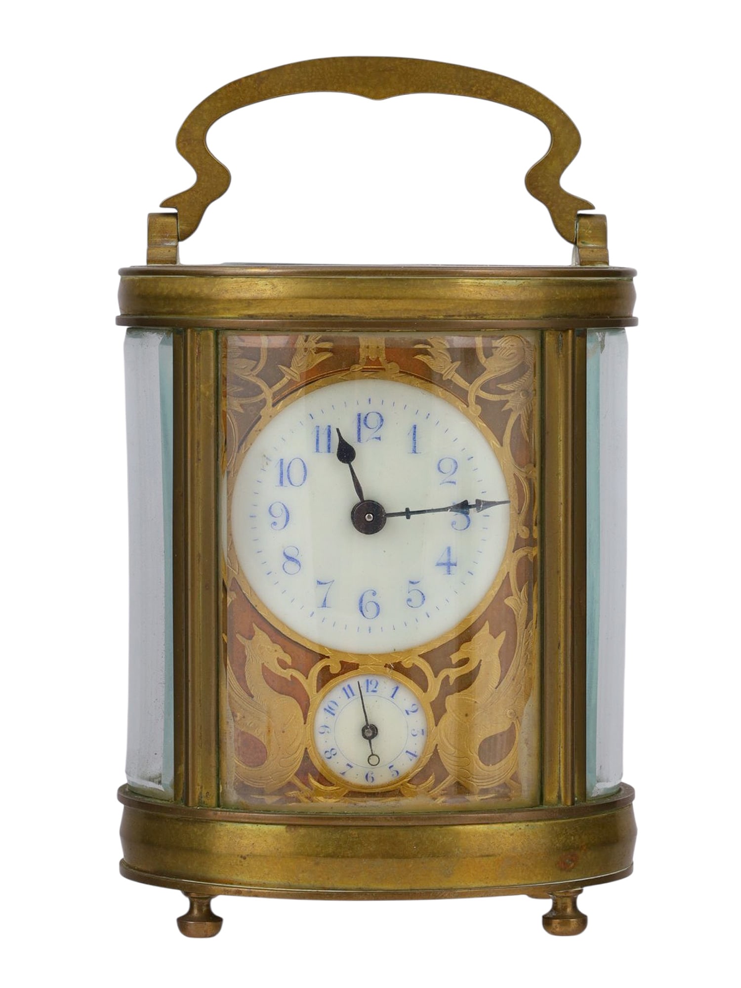 A FRENCH BRASS CARRIAGE CLOCK W. ALARM AND SUBSIDIARY DIAL, 19 C. (1 of 9)