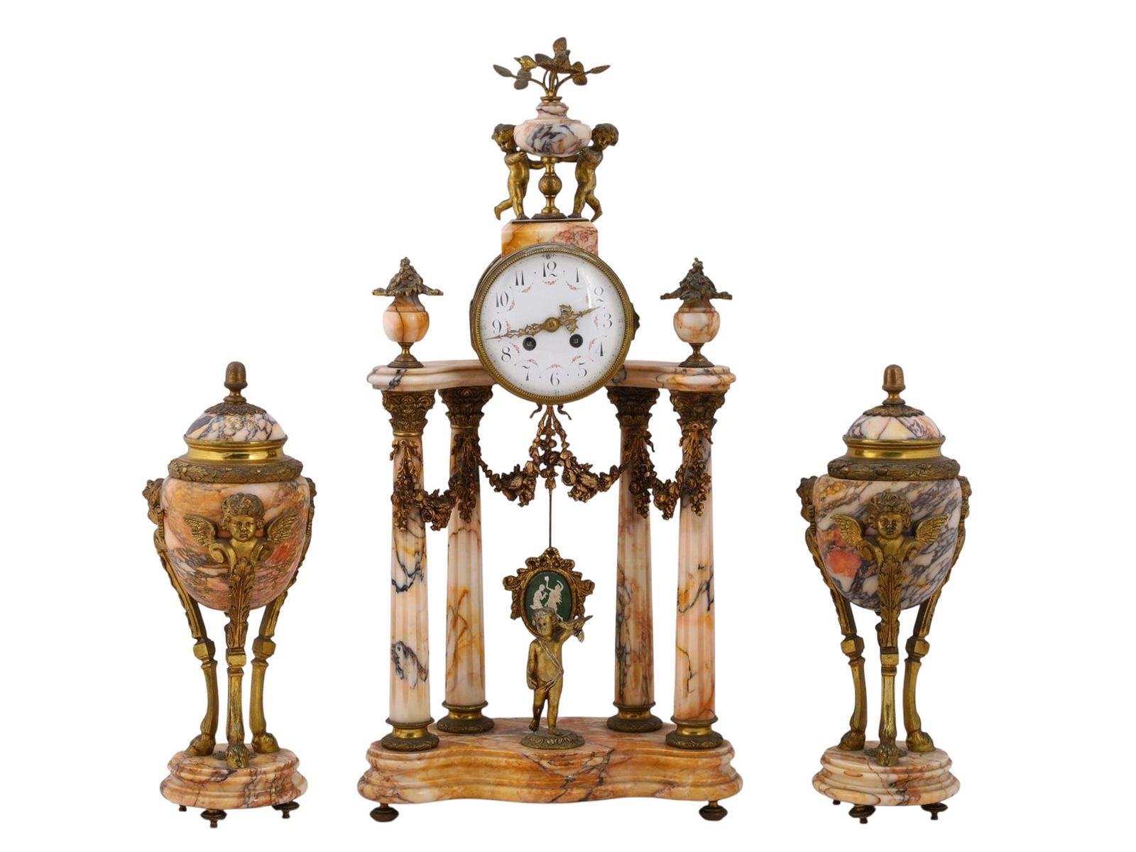 A FRENCH LOUIS XVI STYLE MARBLE AND GILT BRONZE CLOCK GARNITURE, 19 C. (1 of 9)