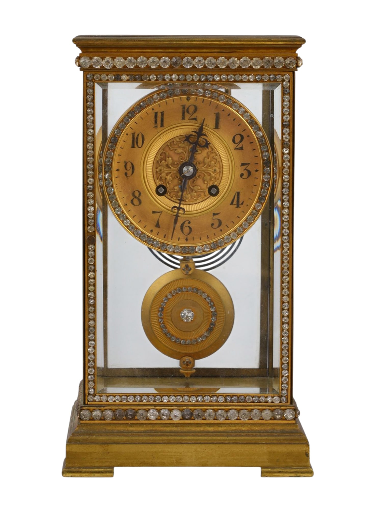 A FRENCH GILT BRONZE CLOCK SET WITH RHINESTONES, LATE 19 C. (1 of 10)