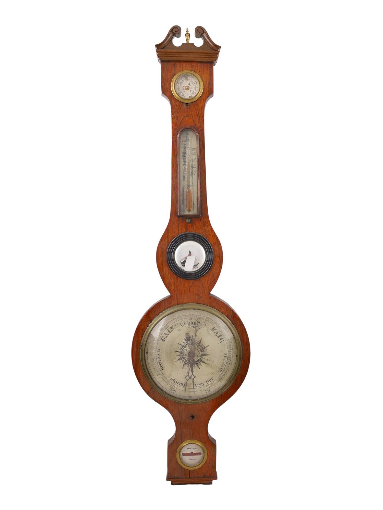A LARGE OAK CASED WALL BAROMETER, LATE 19TH CENTURY: Of banjo form, the oak veneered case surmounted by a broken swan-neck pediment with brass finial, fitted with multiple instruments including: a hygrometer ("Dry/Damp"), a thermometer with engraved tem