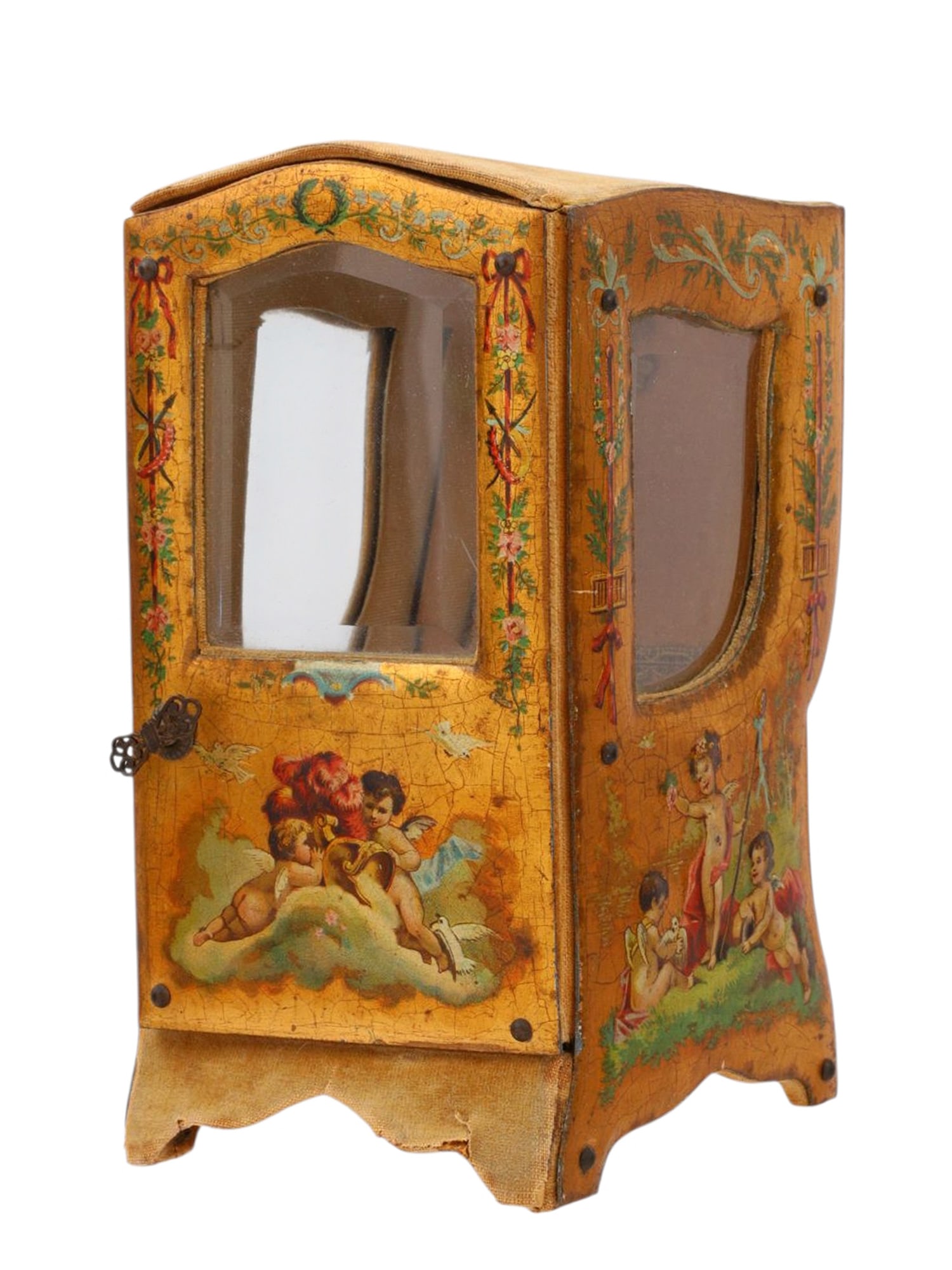 A CONTINENTAL POLYCHROME WATCH HUTCH IN THE FORM OF A SEDAN CHAIR, 19TH CENTURY: The small case modeled as a sedan chair, decorated overall with painted putti in garden and cloud scenes, surrounded by floral festoons, ribbons, and trophies. Fitted with beveled glass panels on thre