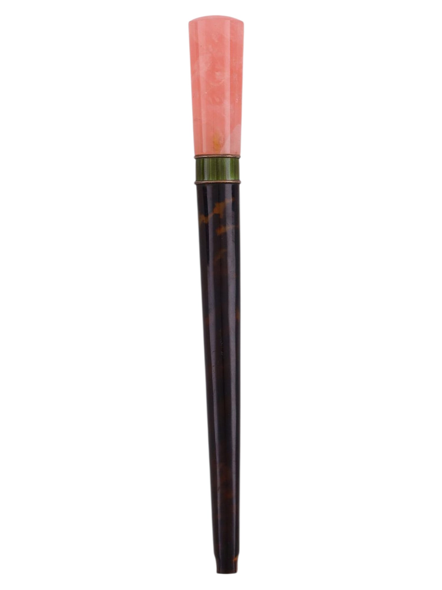 A ROSE QUARTZ AND TORTOISESHELL UMBRELLA HANDLE WITH SILVER-GILT GUILLOCHE ENAMEL COLLAR, RUSSIAN OR: An elegant umbrella handle is composed of a faceted rose quartz pommel mounted above a tapering tortoiseshell shaft, fitted at the junction with a silver collar decorated with fine engine-turned guill