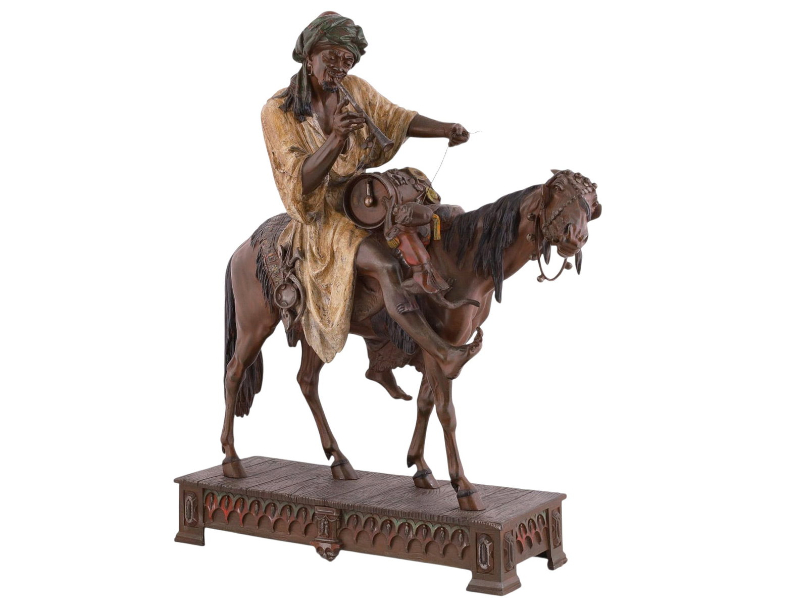 A COLD-PAINTED FRENCH BRONZE, ARAB MUSICIAN ON HORSEBACK, ARTHUR WAAGEN (1833-1898) (1 of 7)