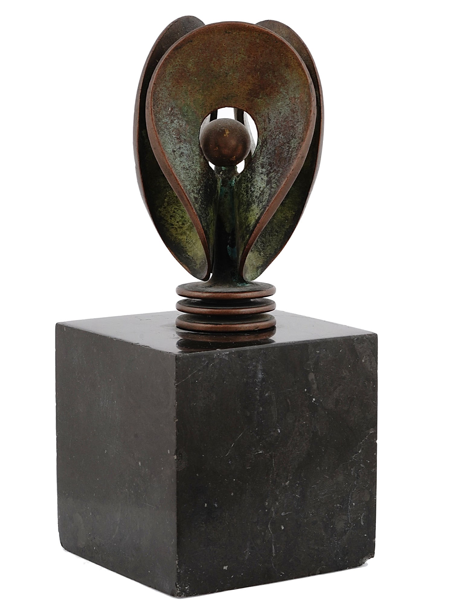 AN ART DECO BRONZE SCULPTURE, CA. 1930: Art Deco nicely patinated abstract bronze sculpture. Mounted on a black marble base in the form of a cube. Dimensions: H: 8 1/2 in., (21.5 cm.) Please make all inquiries before bidding. All lots are s