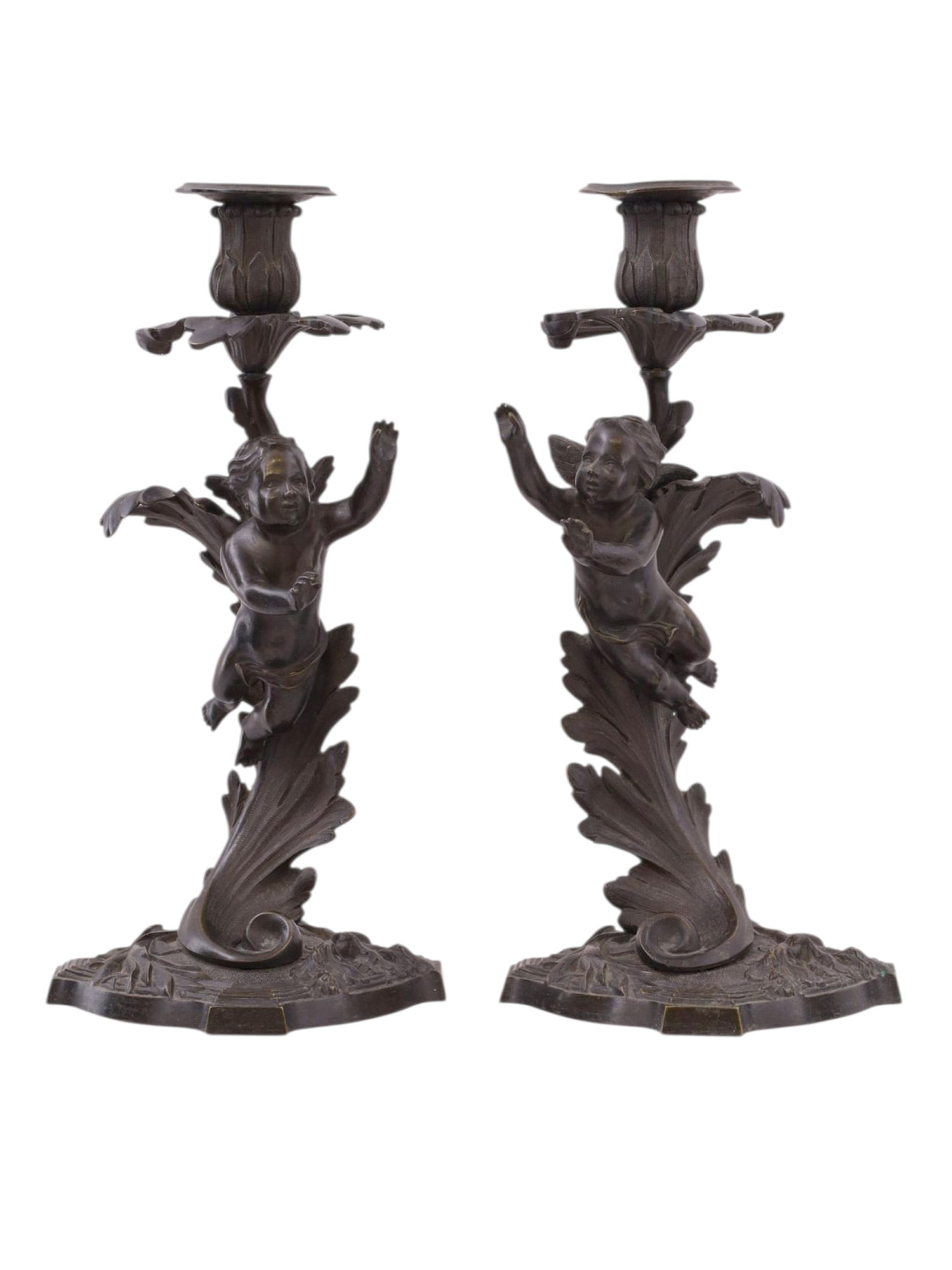 A PAIR OF 19TH CENTURY DARK PATINATED BRONZE FIGURAL CANDLES (1 of 4)