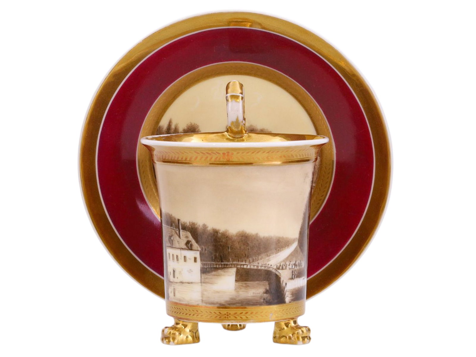 A FRENCH PORCELAIN CUP AND SAUCER WITH GILT AND SEPIA LANDSCAPE DECORATION, FRANCE, 19TH CENTURY (1 of 6)