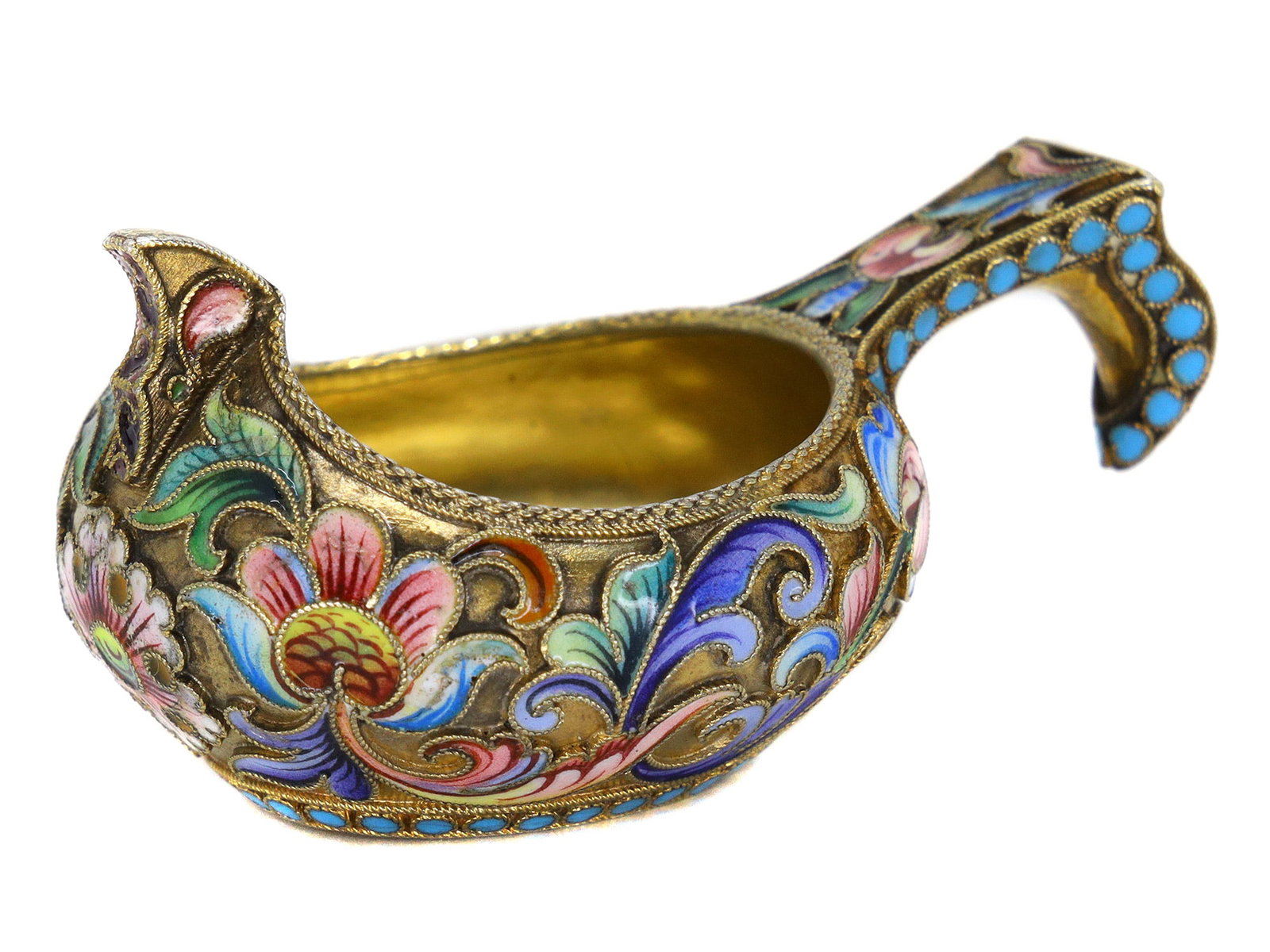 A RUSSIAN GILT-SILVER AND CLOISONNE ENAMEL KOVSH BY MARIA SEMENOVA, C. 1900 WEIGHT: 1.4 O., (40 G.) (1 of 5)