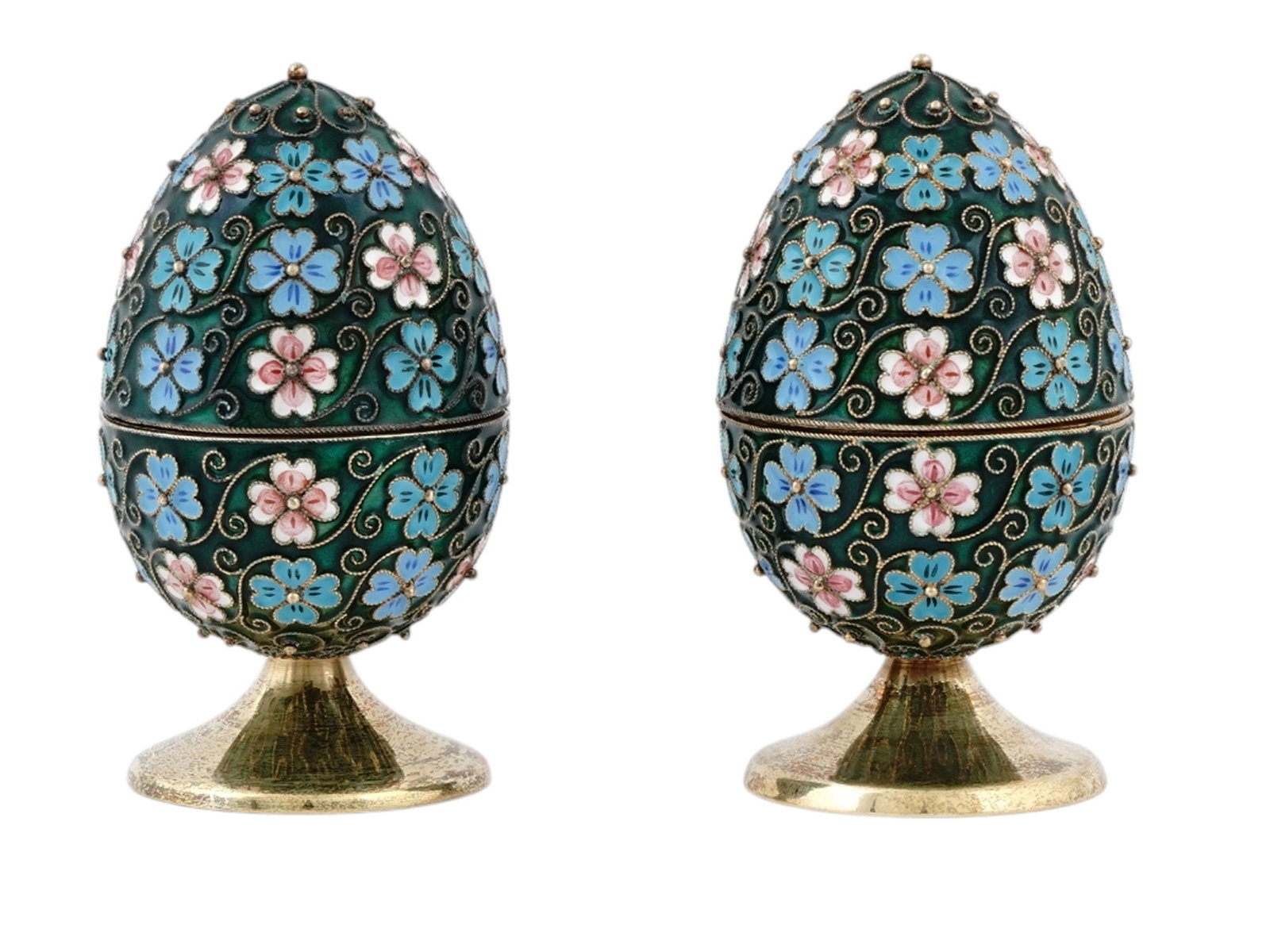 TWO SOVIET RUSSIAN GILT SILVER AND CLOISONNÉ ENAMEL EASTER EGGS ON STANDS (1 of 6)