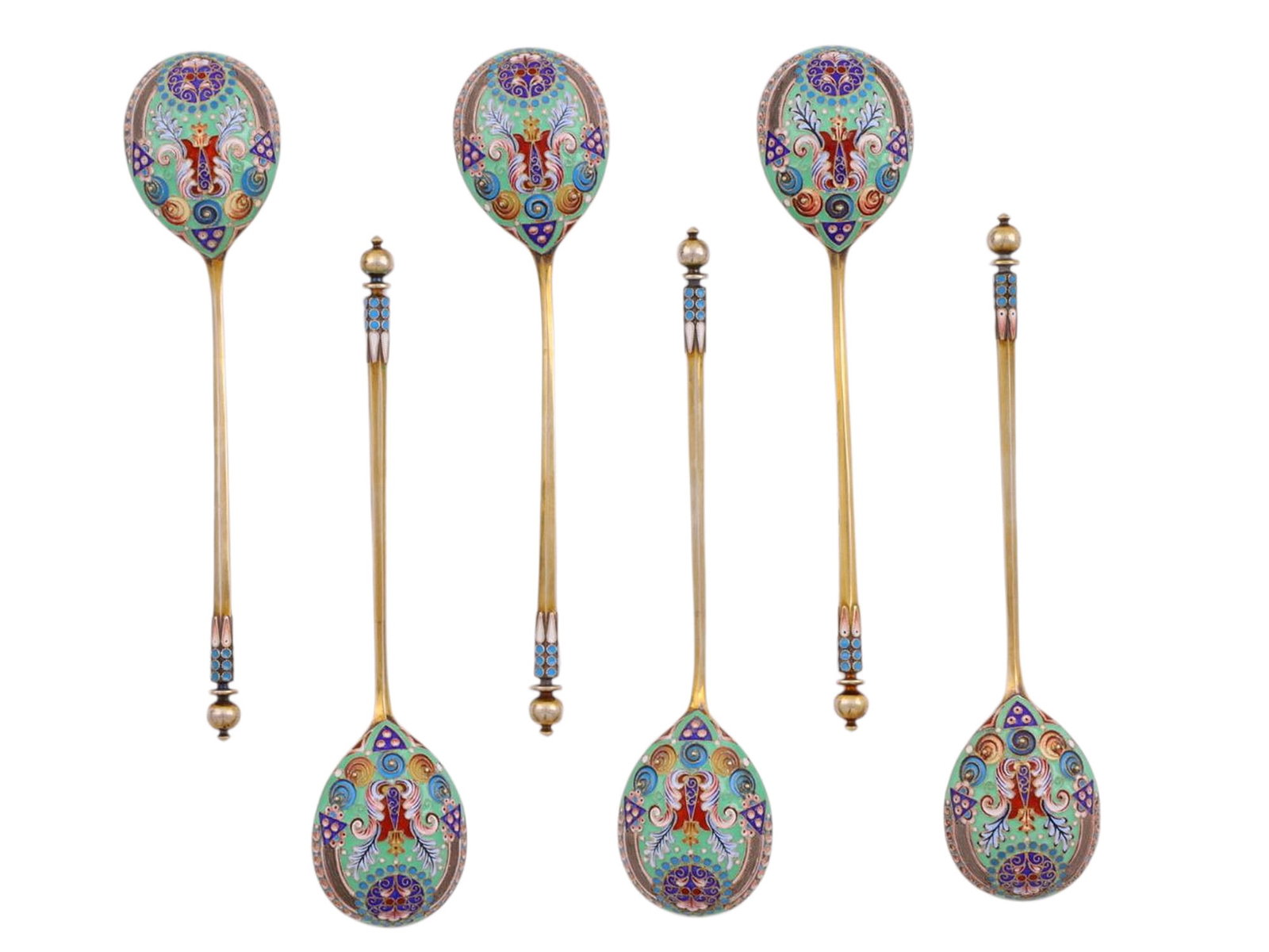 A LOT OF SIX RUSSIAN SILVER-GILT AND CLOISONNÉ ENAMEL TEASPOONS, MARK OF PAVEL OVCHINNIKOV, MOSCOW, (1 of 5)