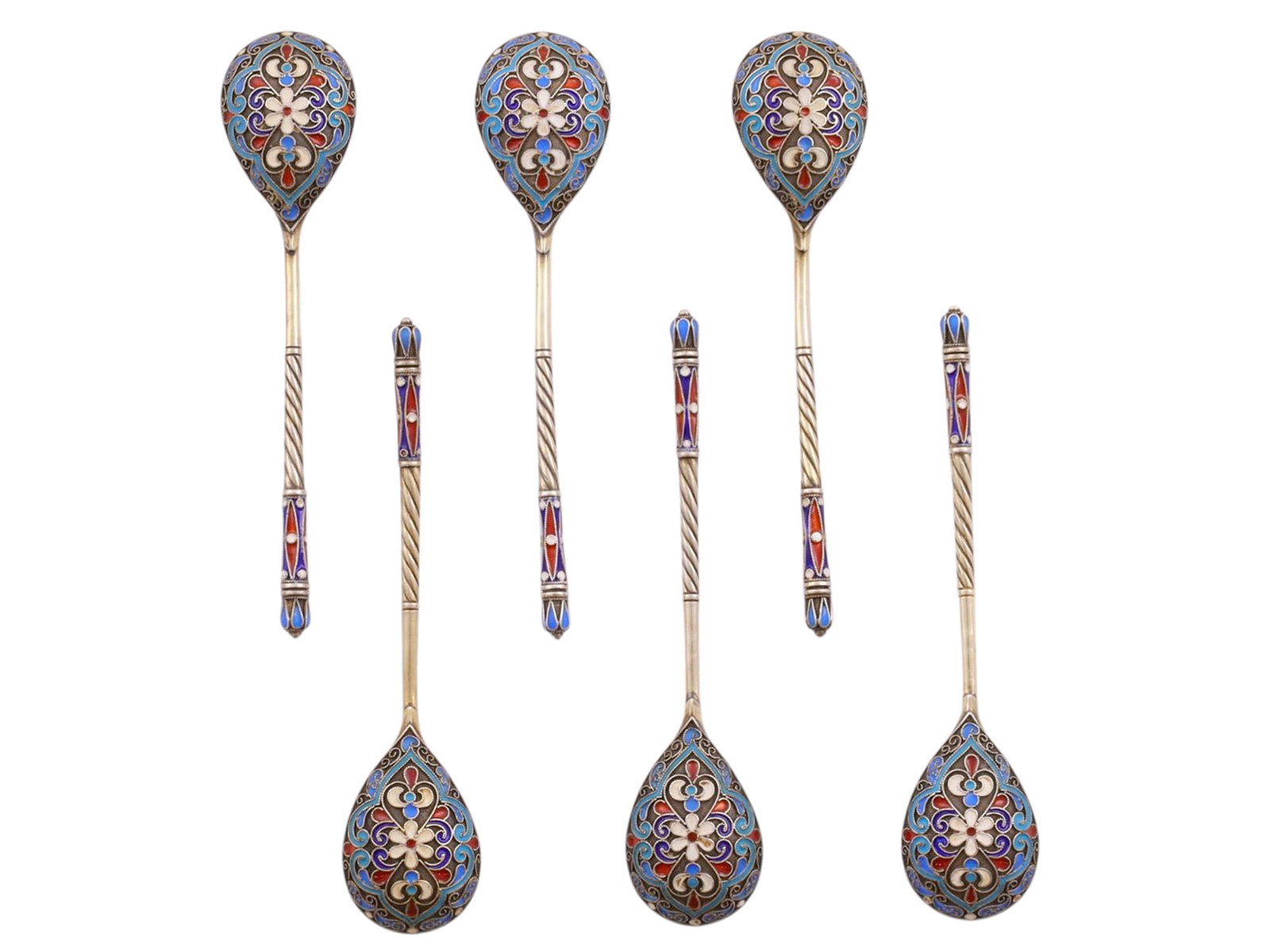 A LOT OF SIX RUSSIAN SILVER AND CLOISONNE ENAMEL TEASPOONS (1 of 5)