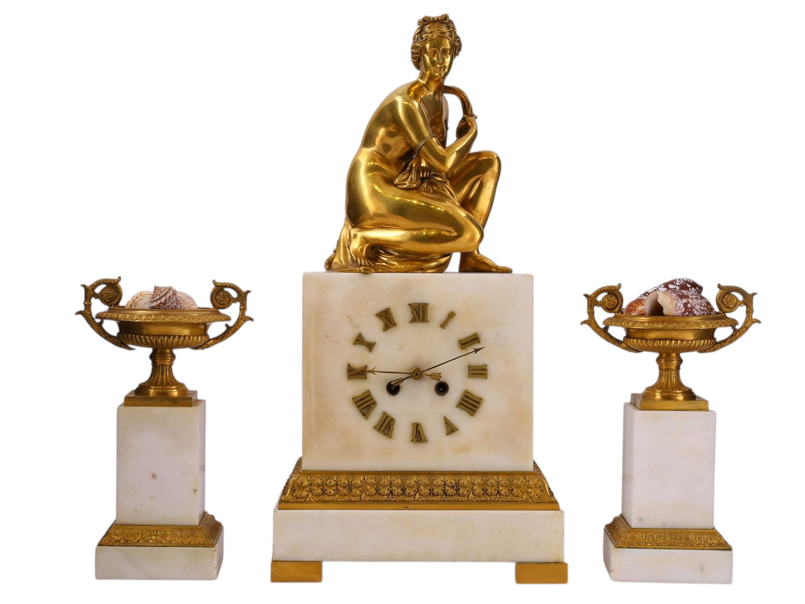 A FRENCH GILT-BRONZE AND ALABASTER “VENUS?? MANTEL CLOCK GARNITURE, 19TH CENTURY (1 of 6)
