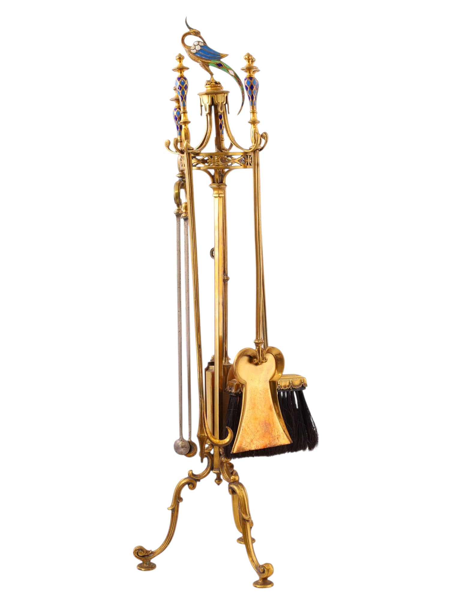 AN ENAMEL-DECORATED SET OF BRASS FIREPLACE TOOLS (1 of 4)