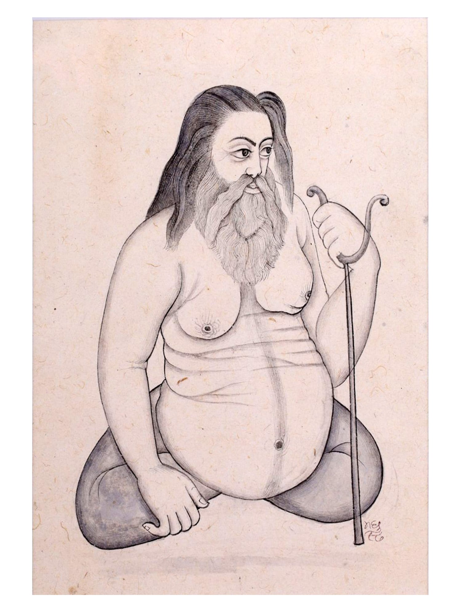 A JAPANESE INK DRAWING OF A FOREIGN ASCETIC (DERWISH), MEIJI PERIOD (1868–1912): Ink and wash on paper, depicting a seated foreign ascetic figure holding a staff with a curved handle, shown cross-legged and bare-chested, with long hair and a full beard. The figure is rendered with