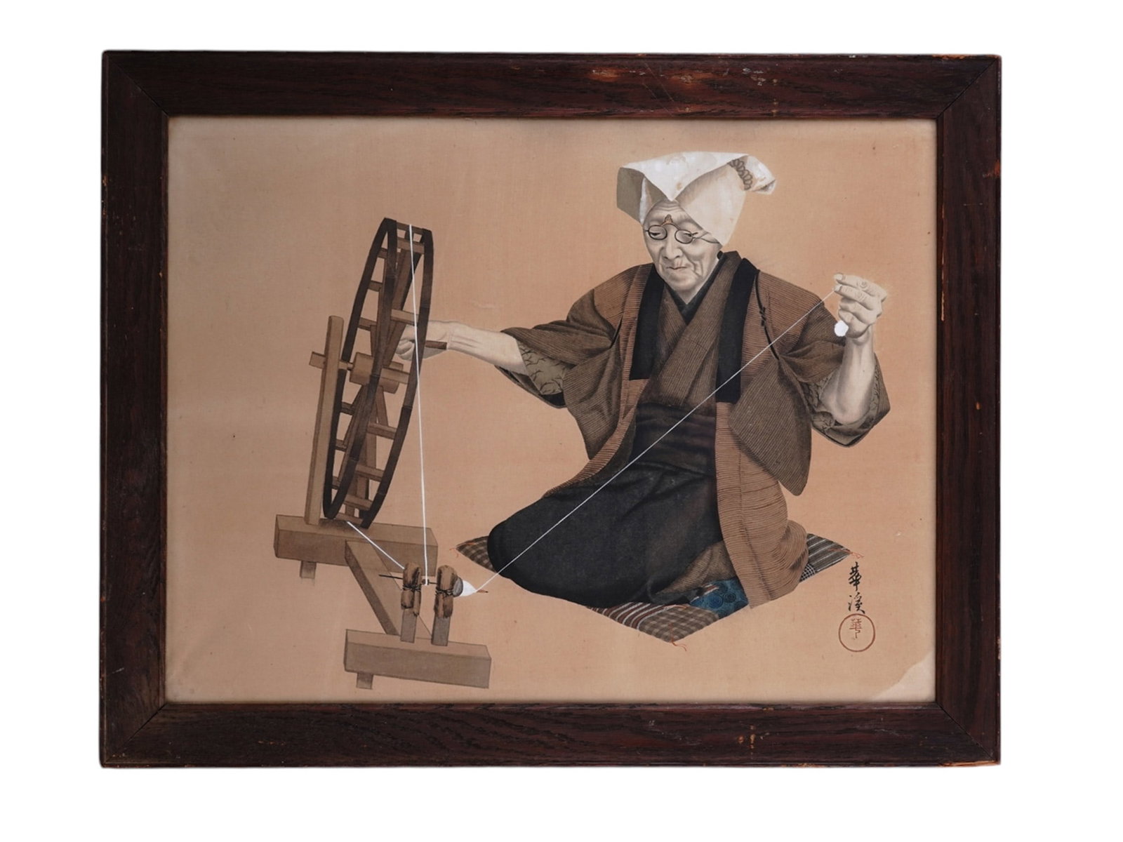 A JAPANESE MEIJI GOUACHE PAINTING, ELDERLY WOMAN SPINNING THREAD (1 of 3)